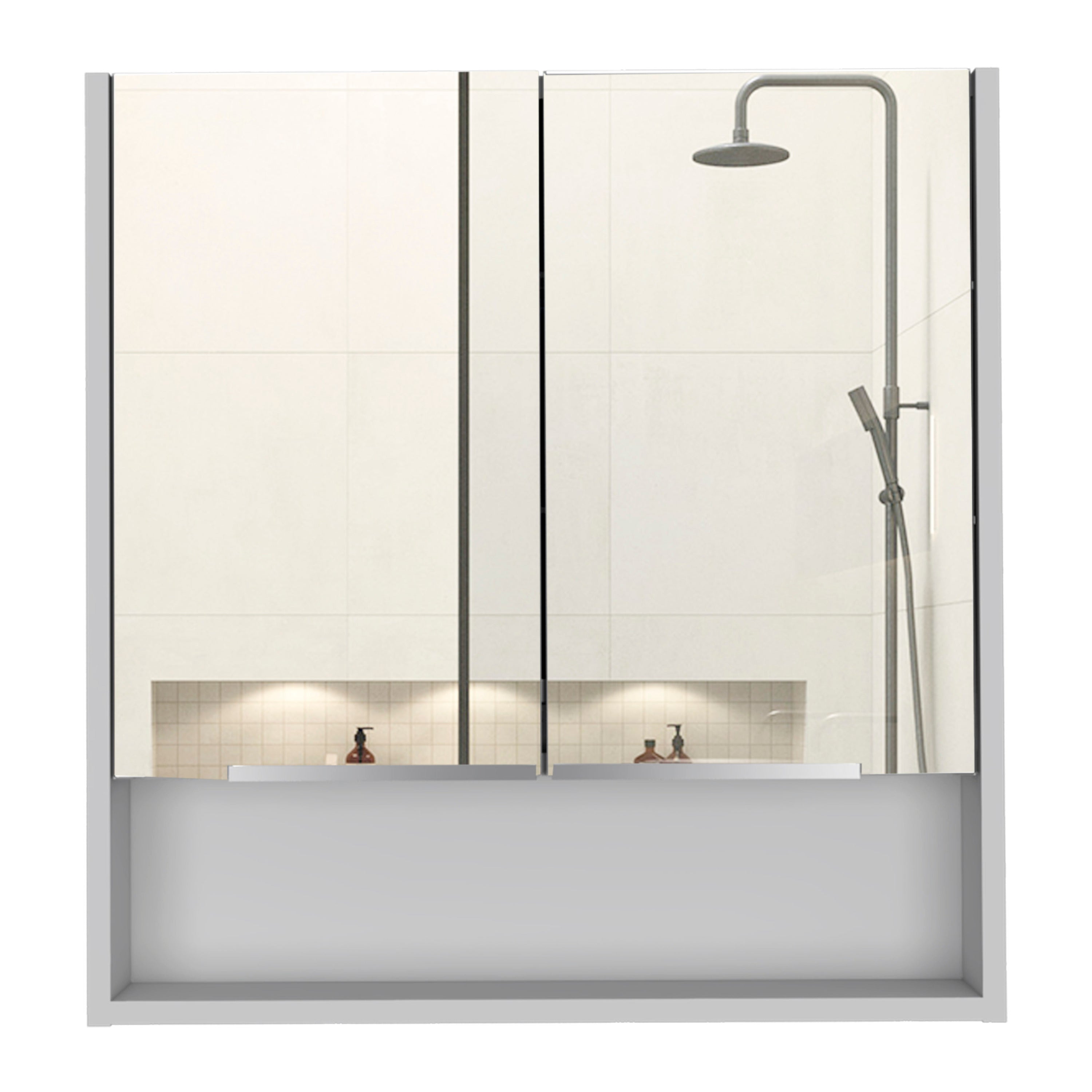 Jaspe Mirror Cabinet, Three Internal Shelves, One Open Shelf, Double Door Cabinet -White