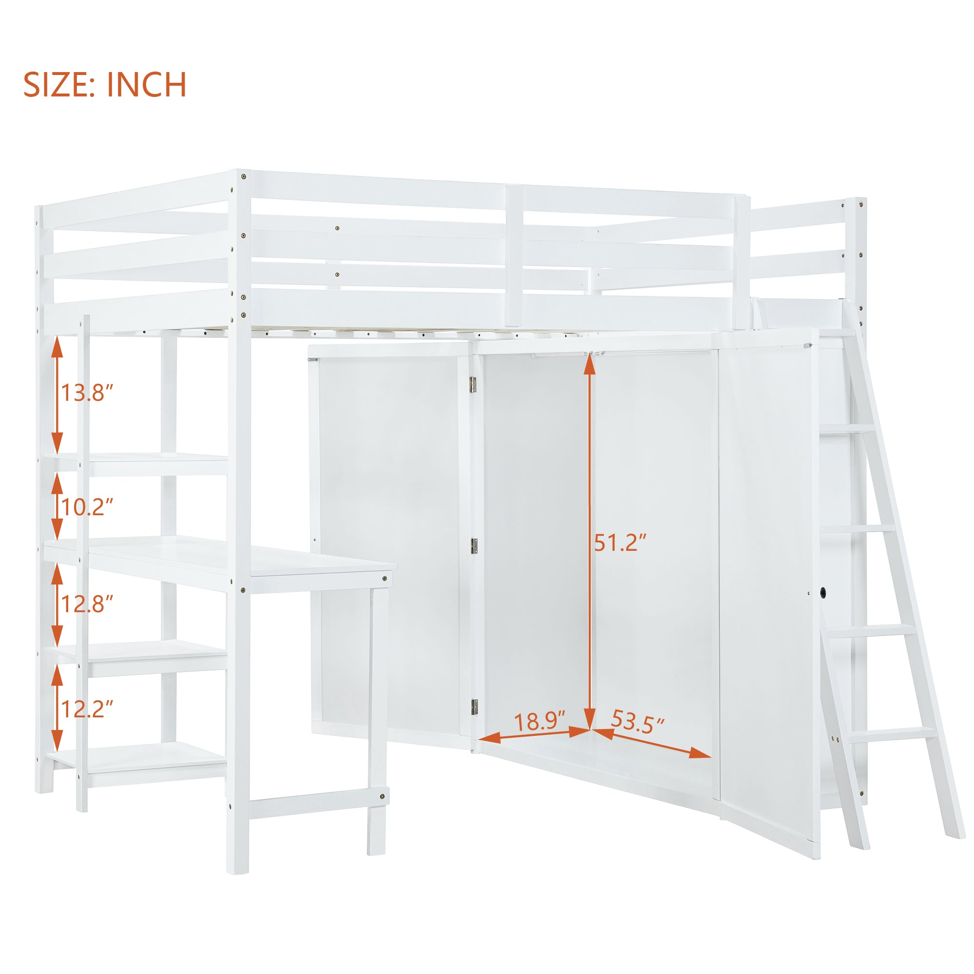 Full Size Loft Bed with Wardrobe and Desk and Shelves, White