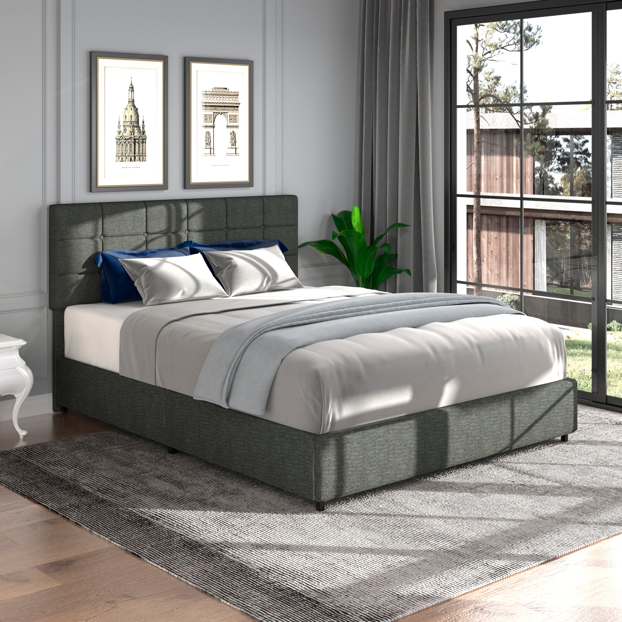 Vera Full Size Gray Linen Upholstered Platform Bed with Patented 4 Drawers Storage, Square Stitched Button Tufted Headboard, Wooden Slat Mattress Support No Box Spring Required