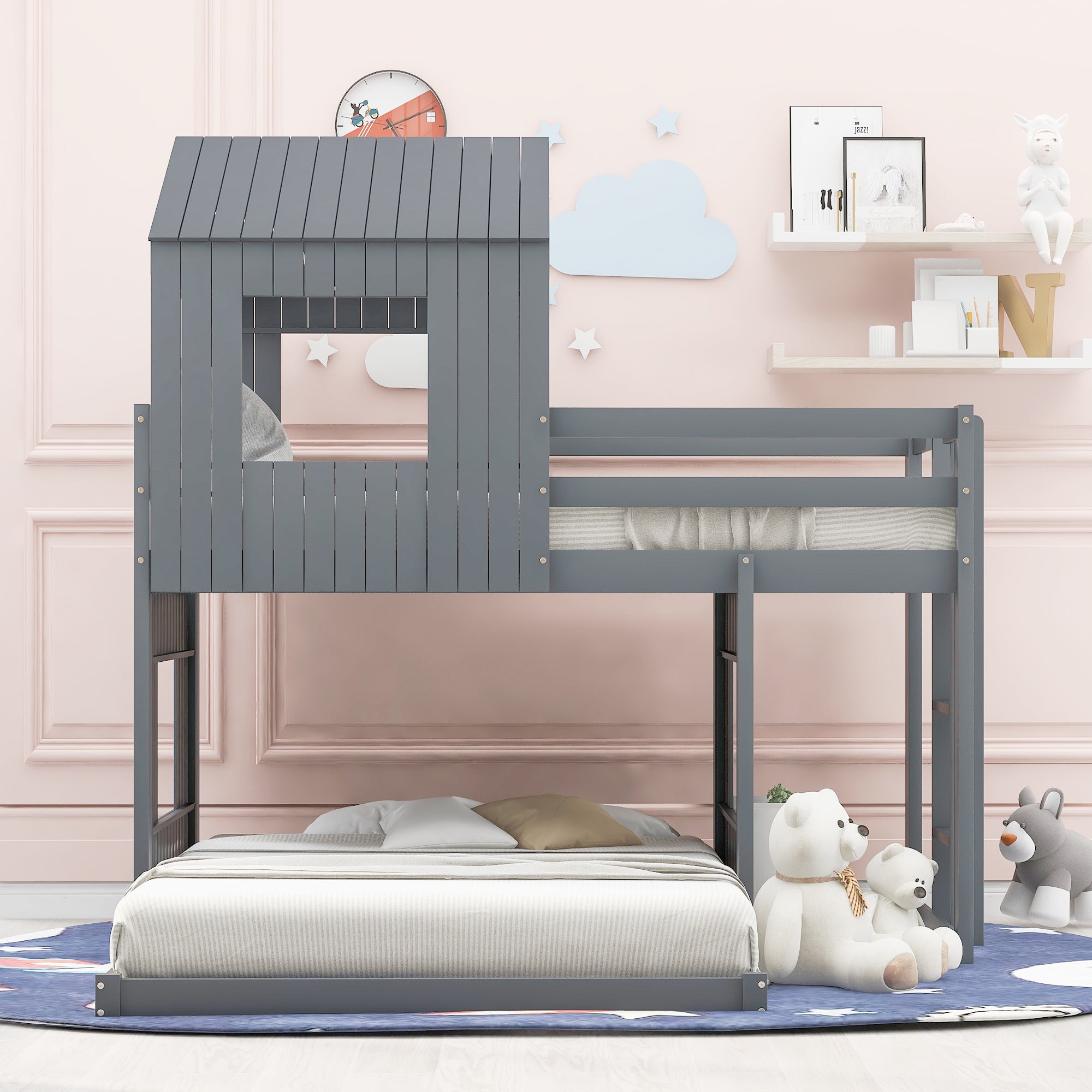 Wooden Twin Over Full Bunk Bed, Loft Bed with Playhouse, Farmhouse, Ladder and Guardrails , Gray( old sku: LT000027AAN )