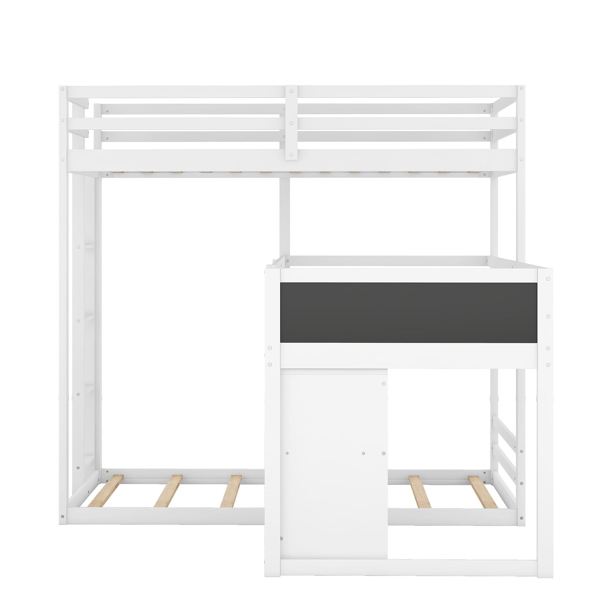 L-shaped Wood Triple Twin Size Bunk Bed with Storage Cabinet and Blackboard, Ladder, White