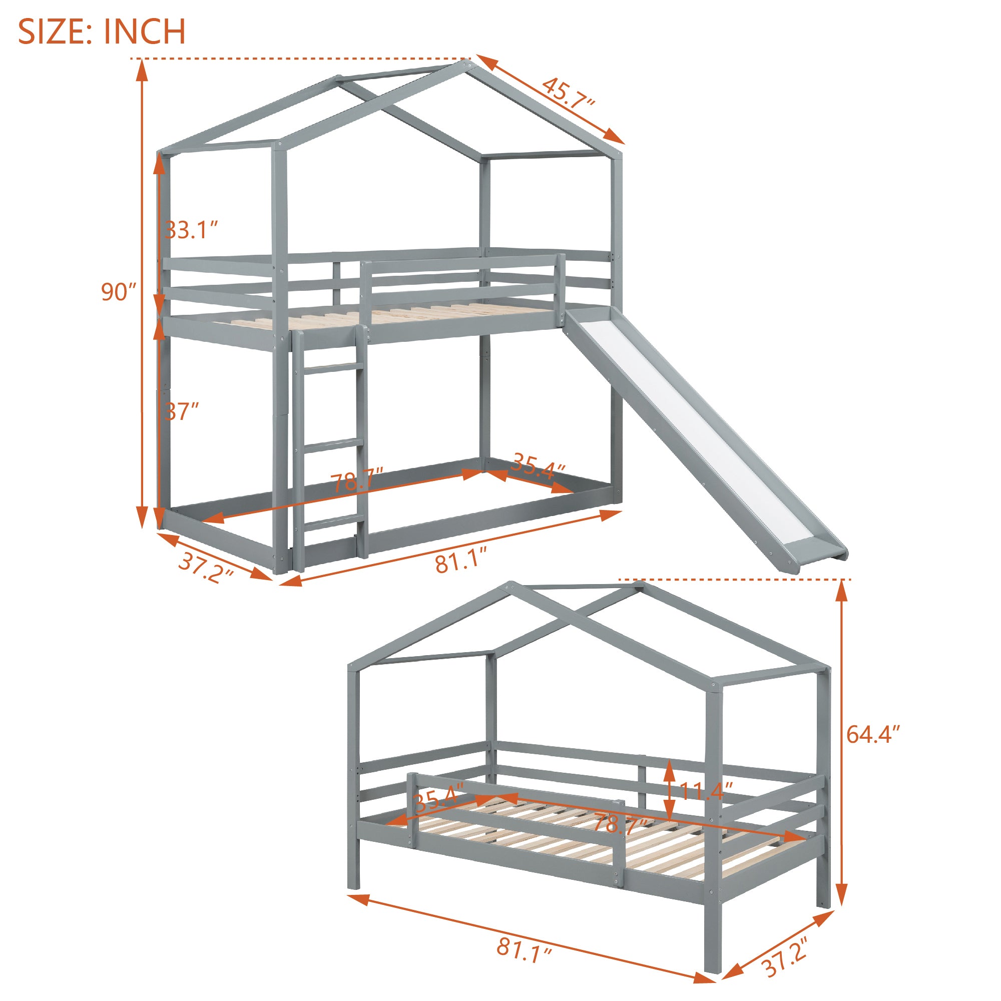 Twin Over Twin Bunk Bed with Roof, Slide and Ladder, Gray