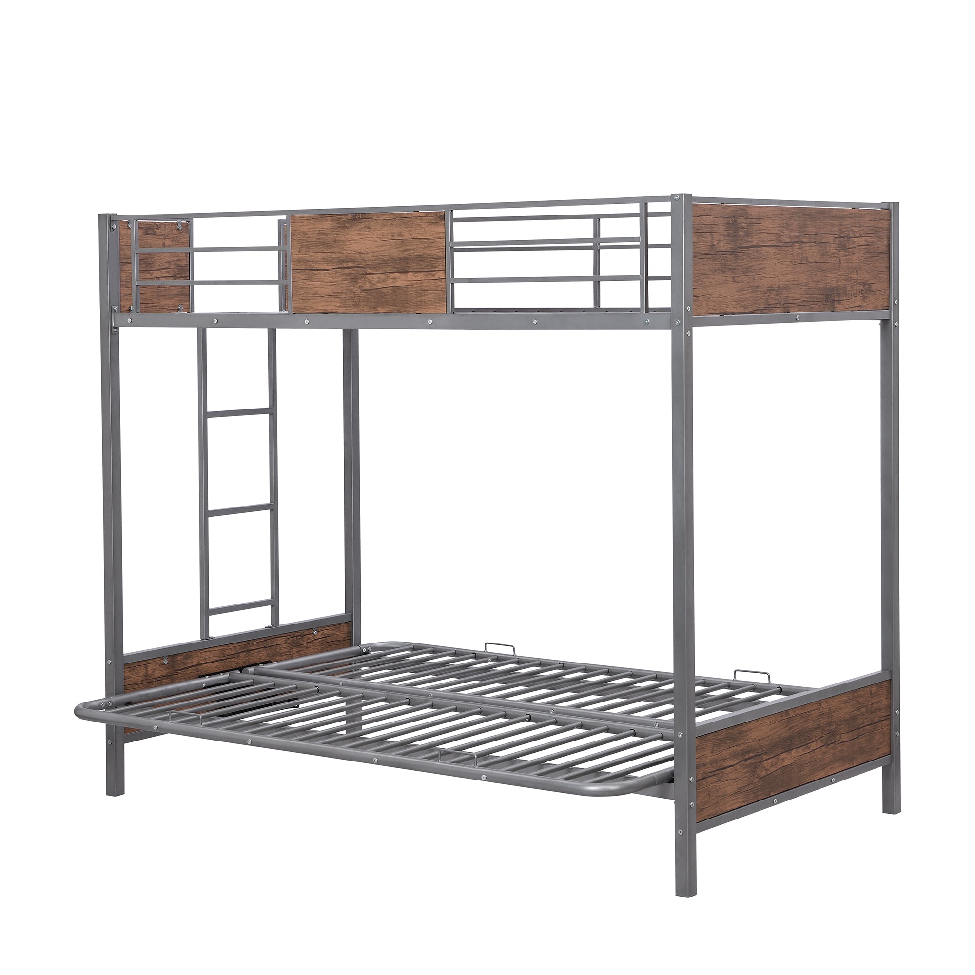 Twin-Over-Futon Bunk Bed, Metal Futon Bunk Bed Frame with Guardrails and Ladder(Gray)(OLD SKU:LP000096AAE)