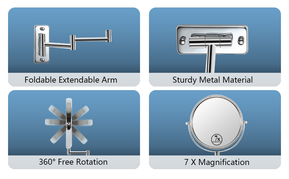 8-inch Wall Mounted Makeup Vanity Mirror, 1X / 7X Magnification Mirror, 360° Swivel with Extension Arm (Chrome Finish)
