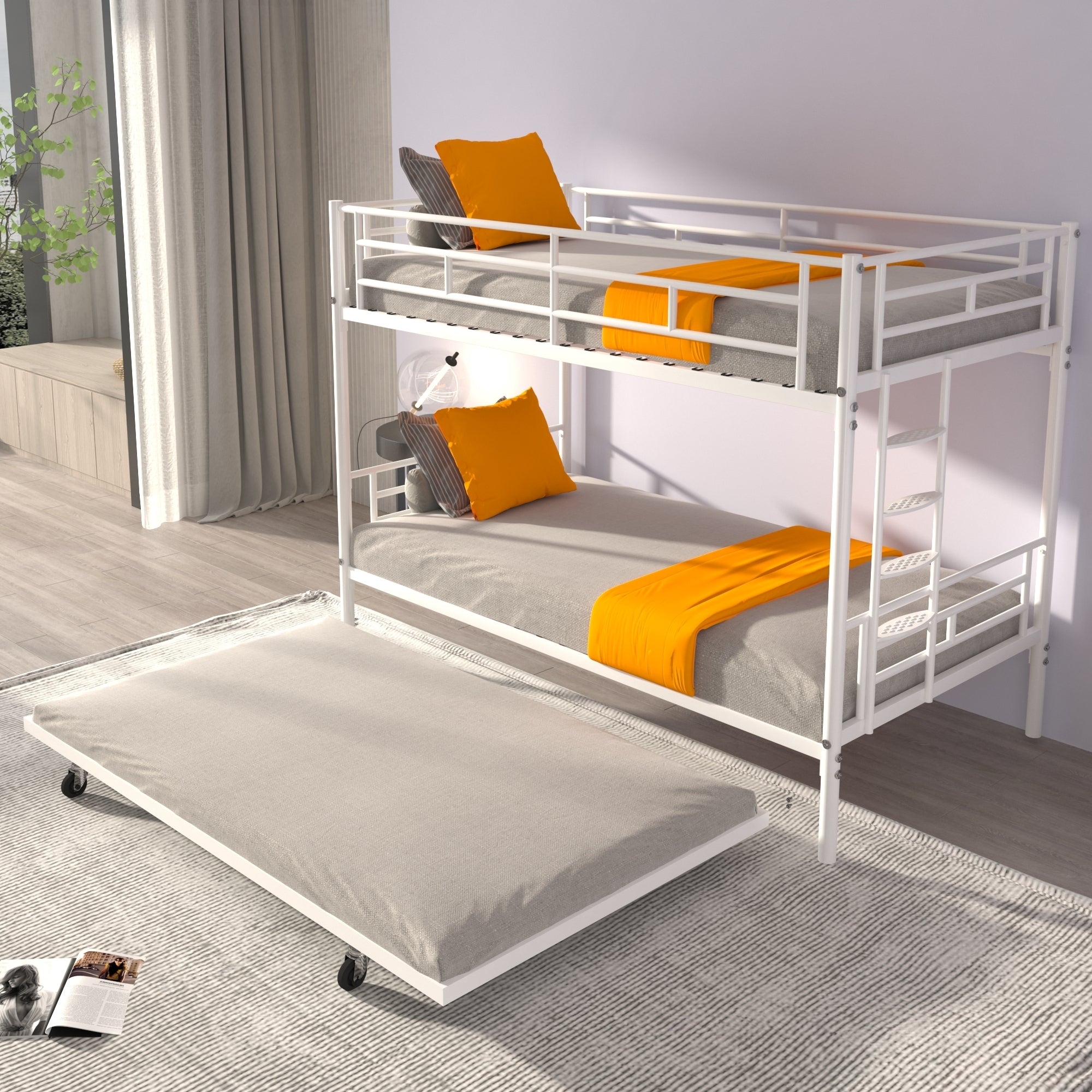 Bunk Bed Twin over Twin with Trundle White,CPC Certified,No Box Spring Needed,Heavy Duty,Easy to assemble