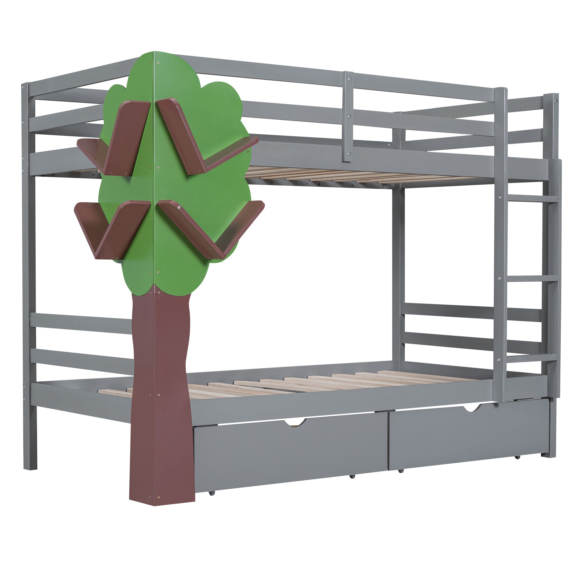 Twin-Over-Twin Bunk Bed with  a Tree Decor and Two Storage Drawers, Gray