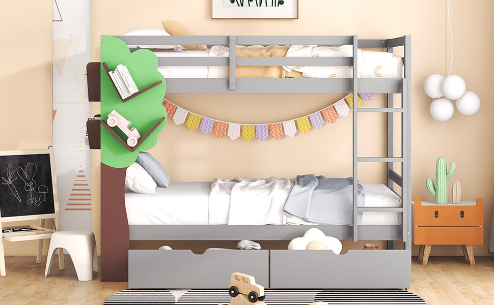 Twin-Over-Twin Bunk Bed with  a Tree Decor and Two Storage Drawers, Gray