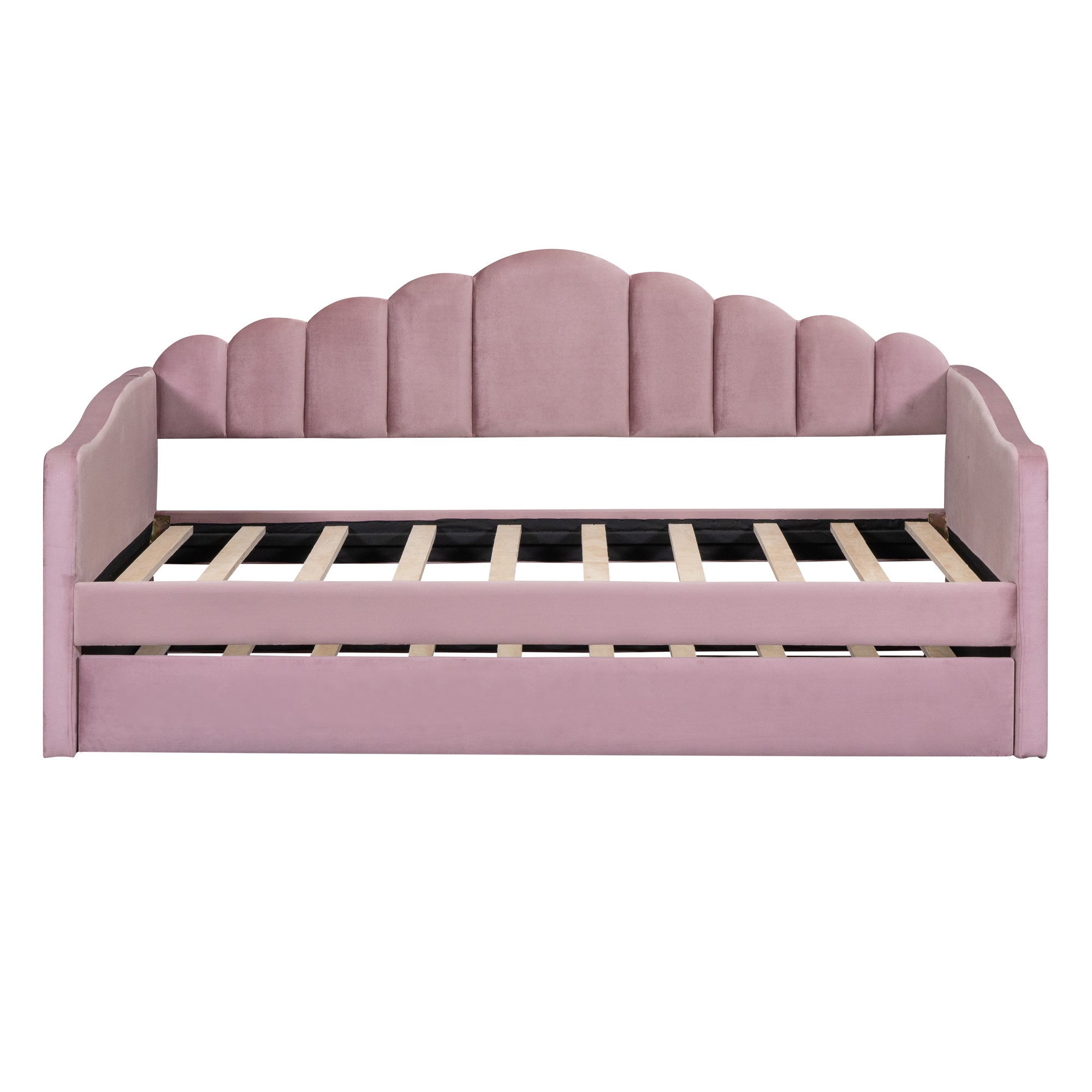 Twin size Upholstered Daybed with Trundle ,Velvet Sofabed with USB Charging Ports,No Box-spring Needed,Pink