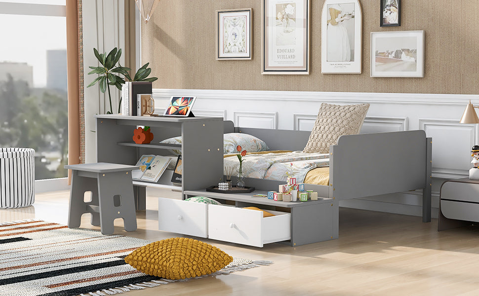 Wood Twin Size Platform Bed with 2 Drawers and 1 Chair&Desk Set, Gray+White(Expected Arrival Time: 11.22)