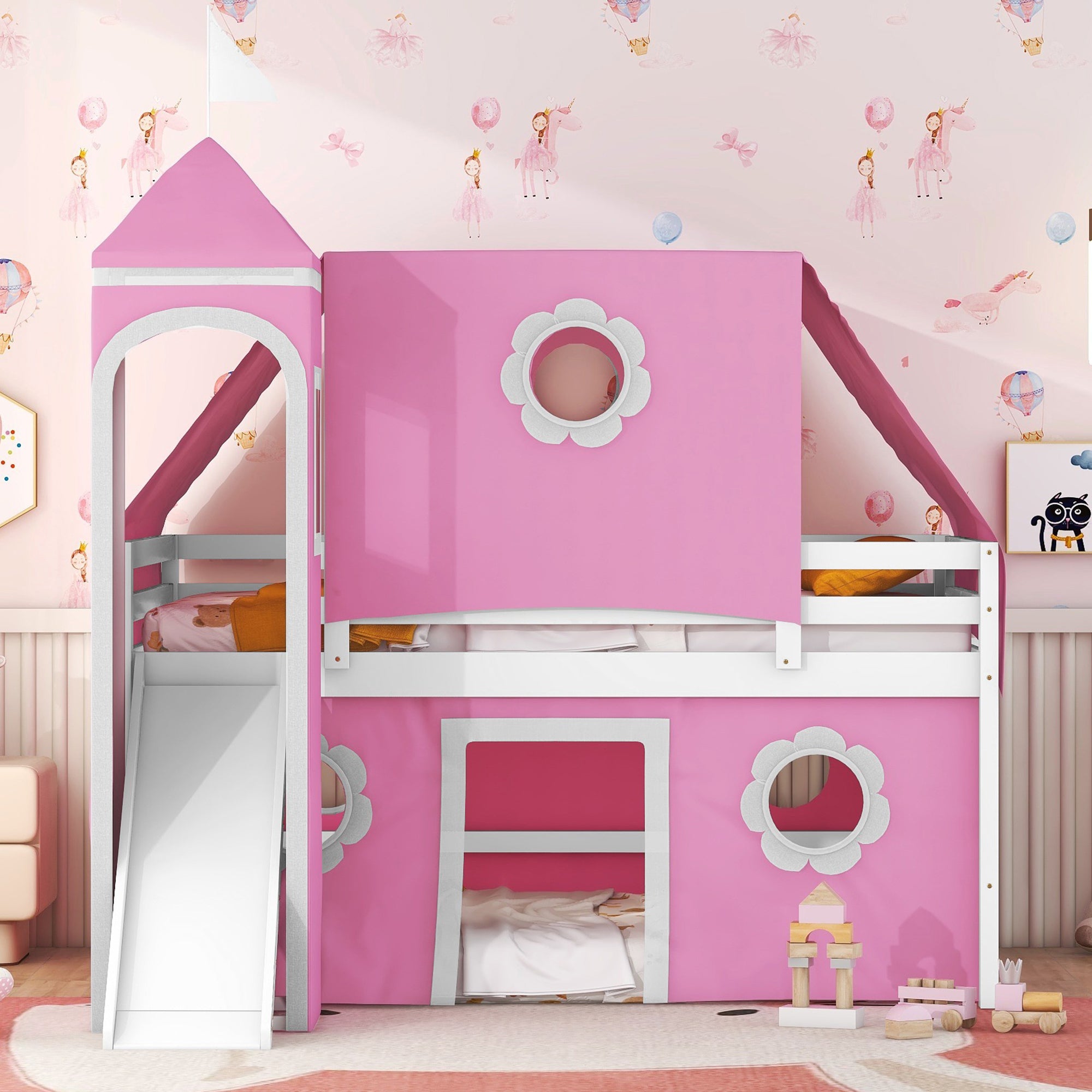 Full Size Bunk Bed with Slide Pink Tent and Tower - Pink