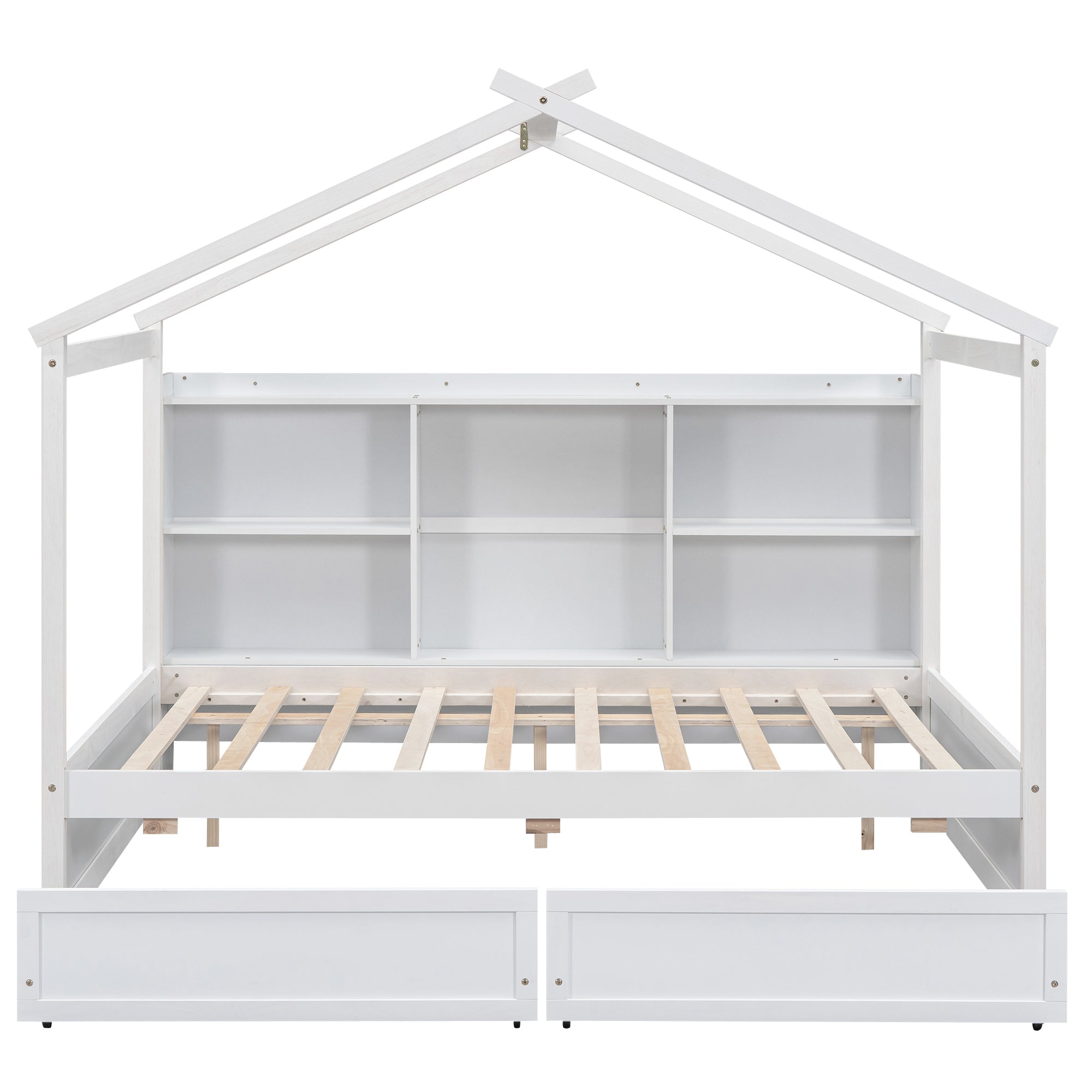 Full Size House Bed with Storage Shelves and 2 Drawers, Brushed White