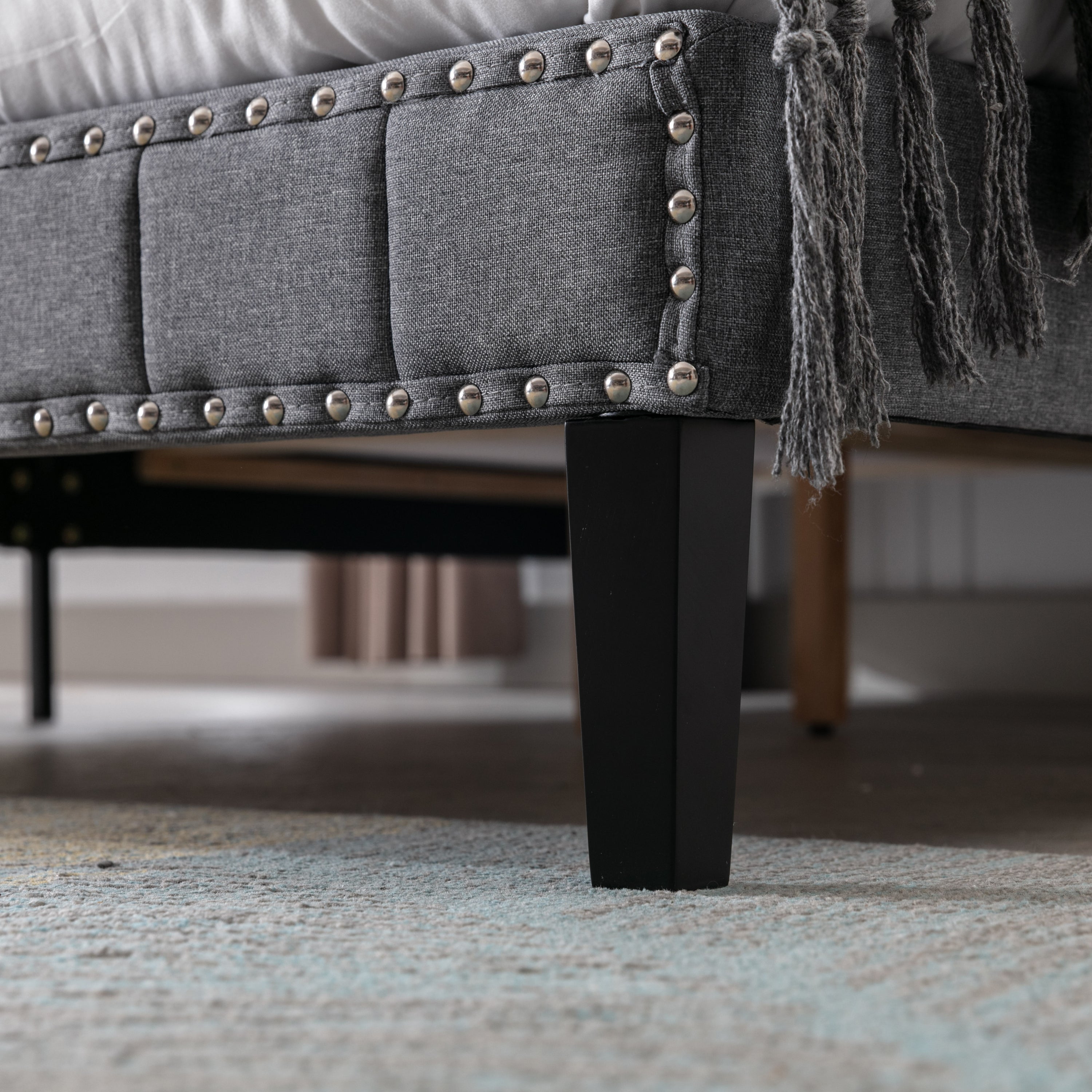 DongHeng Queen Size Bed with Headboard, Modern Linen Curved Upholstered Platform Bed , Solid Wood Frame , Nailhead Trim, Gray