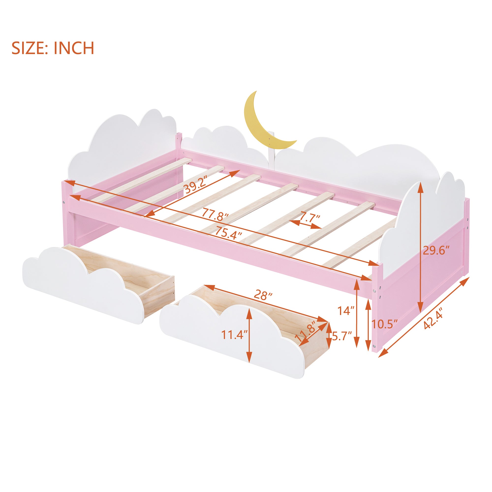 Twin Size Bed with Moon Decor, Platform Bed with 2 Drawers (White+Pink)