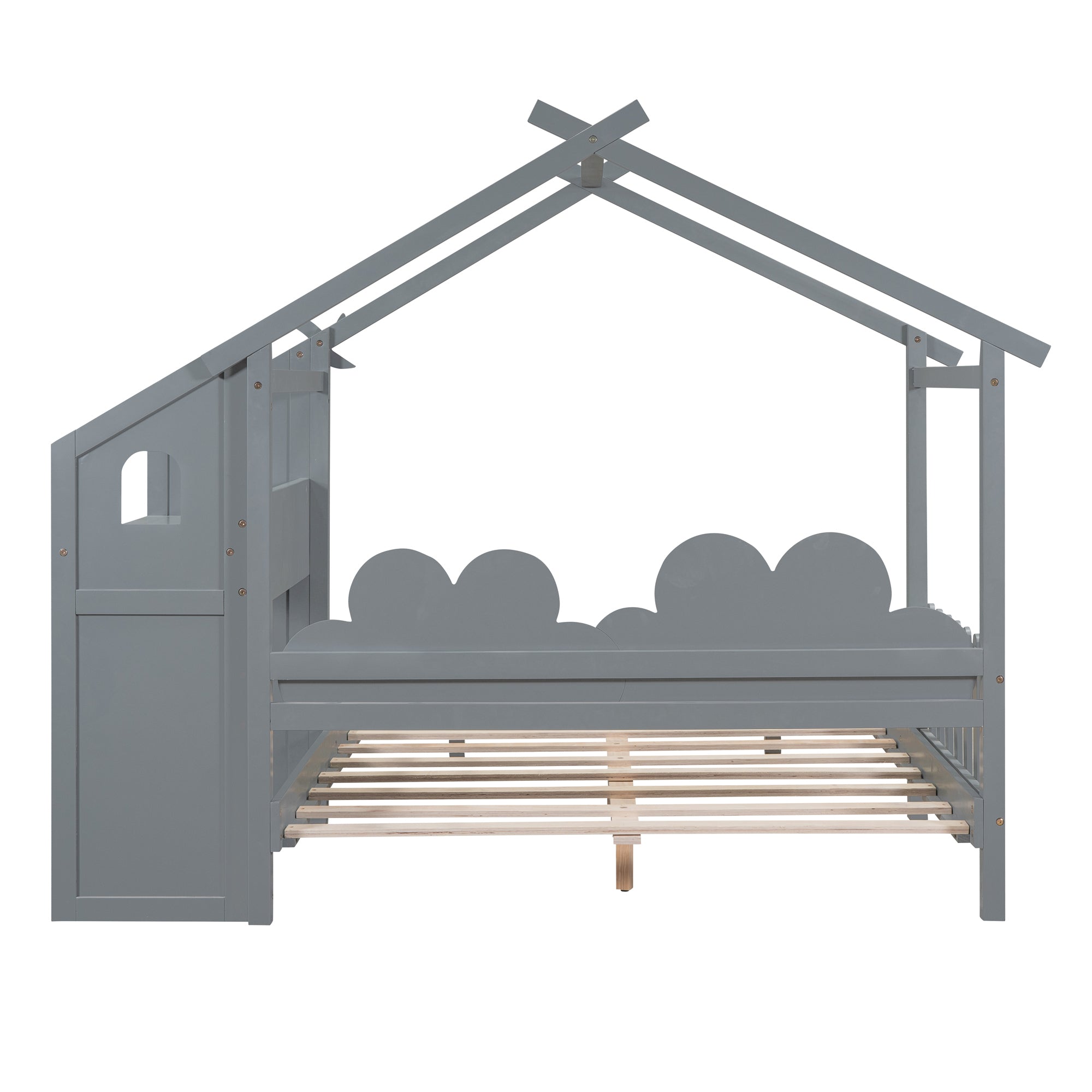 Full Size Platform Bed with Windmill and Flower Decor, House Bed with Desk and two hooks, Gray