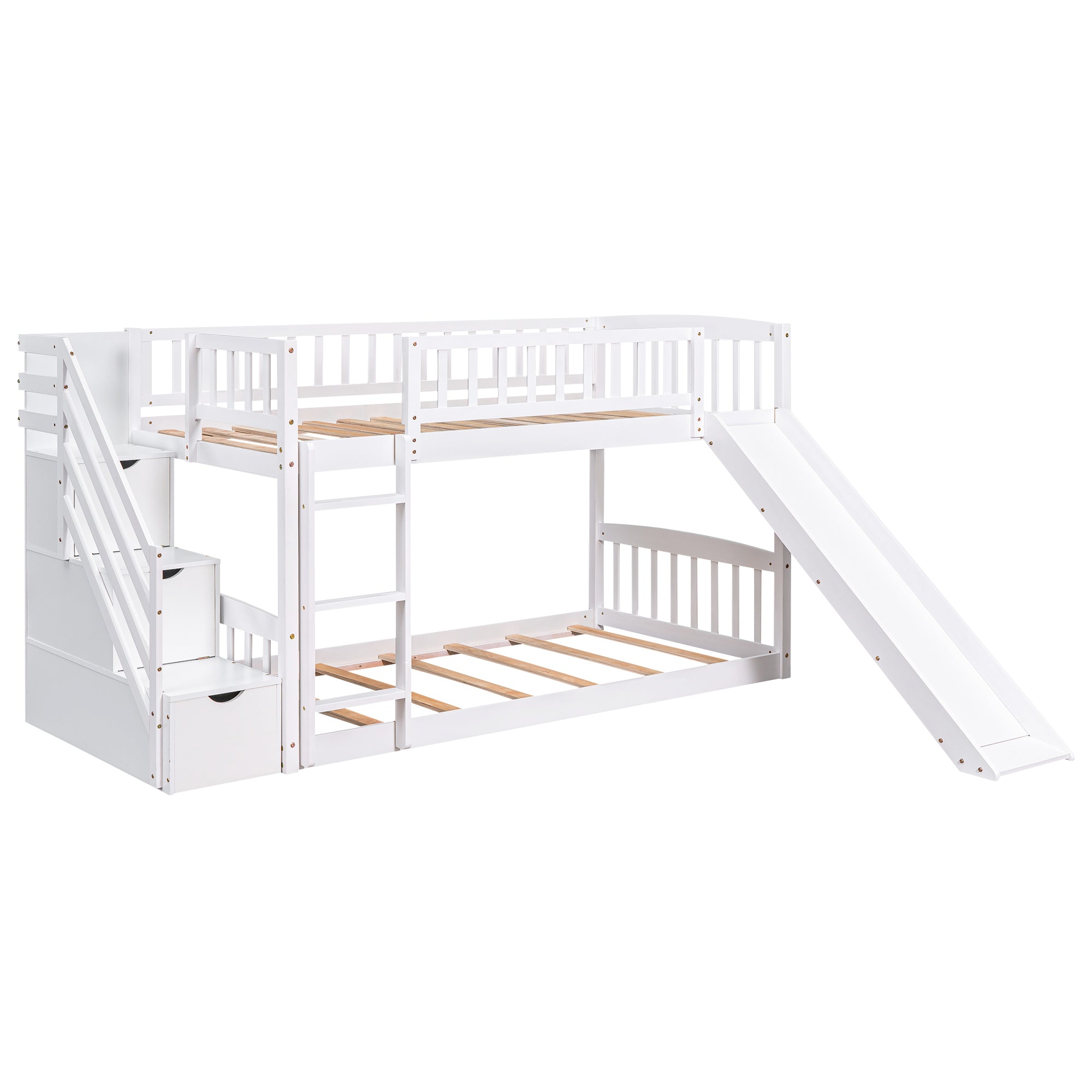 Stairway Twin over Twin Bunk Bed with Two Drawers and Slide, White(OLD SKU :LT000155AAK)