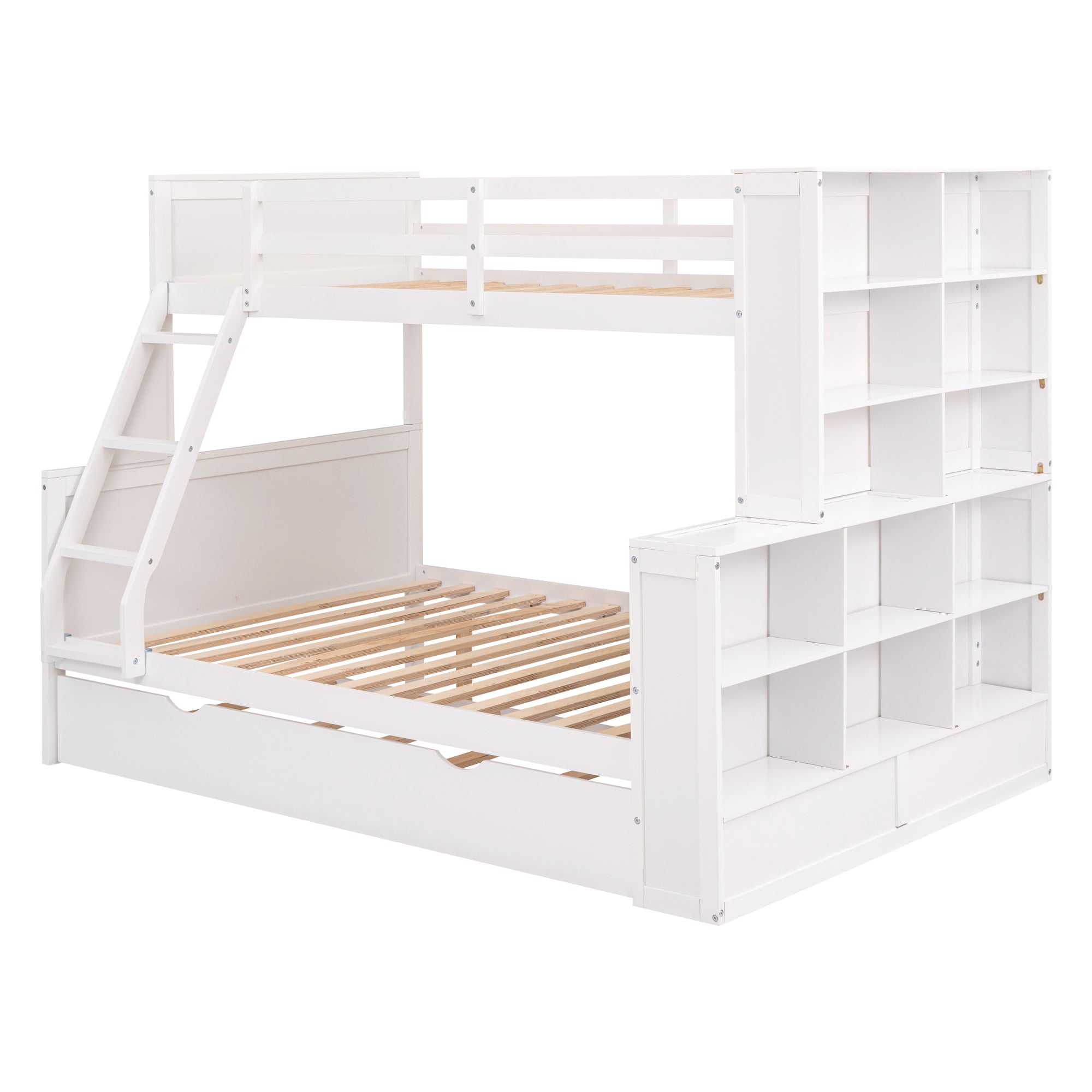 Twin over Full Bunk Bed with Trundle and Shelves, can be Separated into Three Separate Platform Beds, White