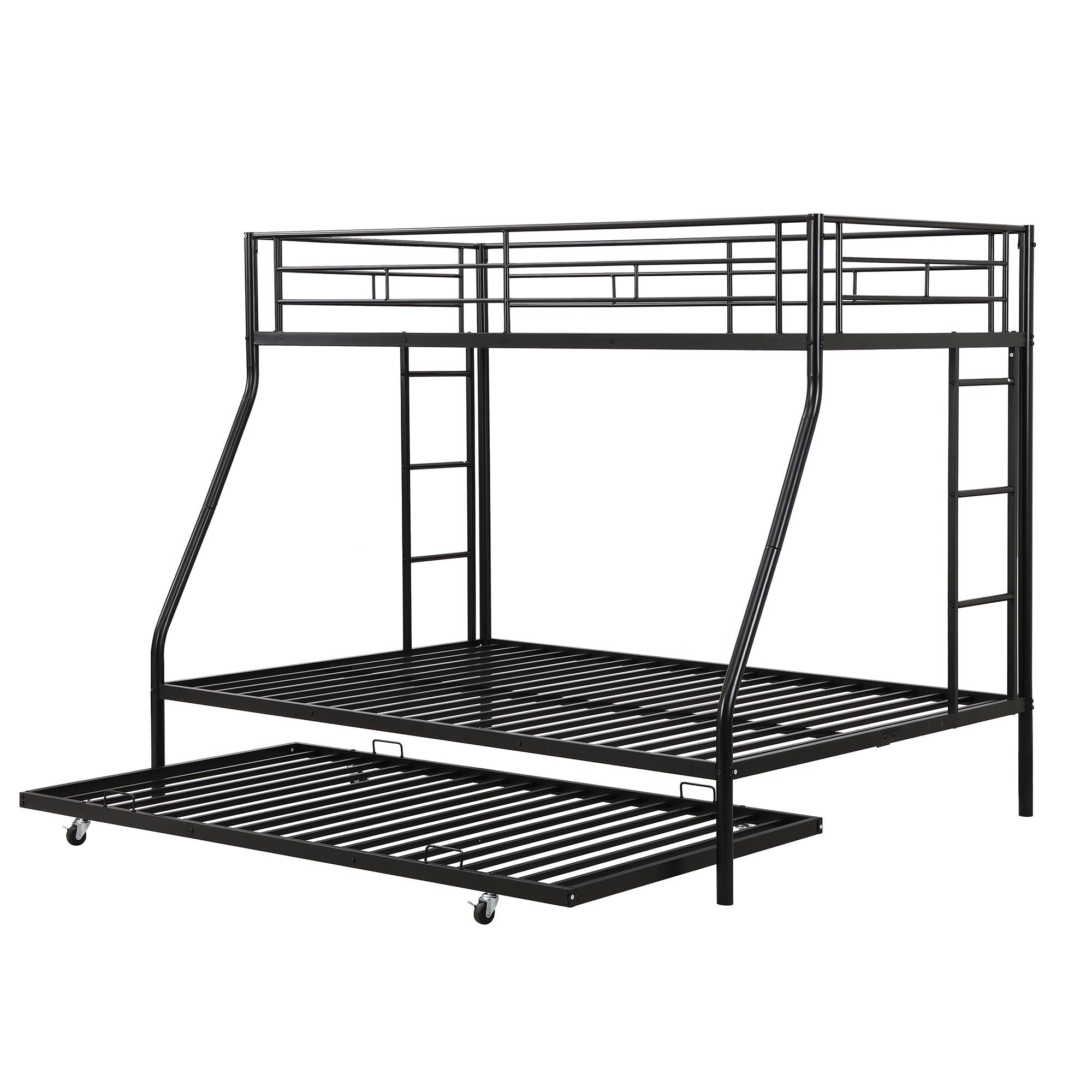 Twin over Full Bed with Sturdy Steel Frame, Bunk Bed with Twin Size Trundle, Two-Side Ladders, Black