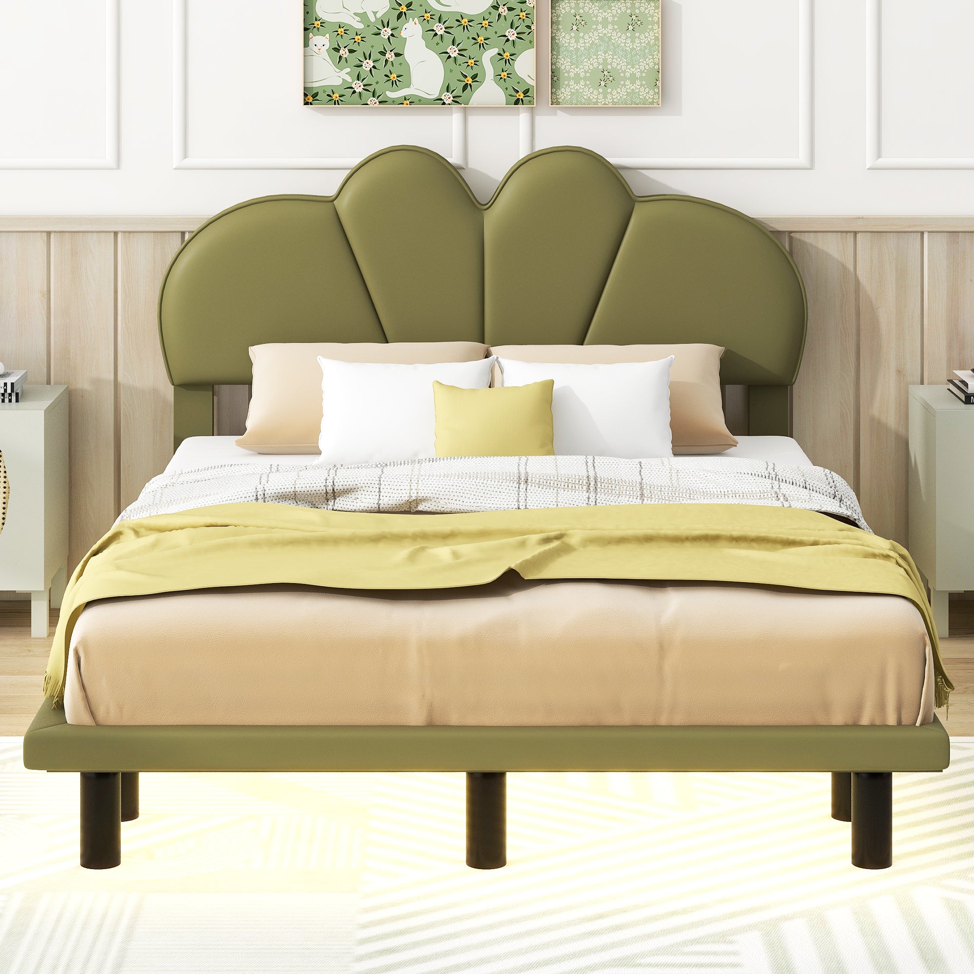 Full Size Upholstery Platform Bed with PU Leather Headboard and Support Legs,Underbed LED Light,Green