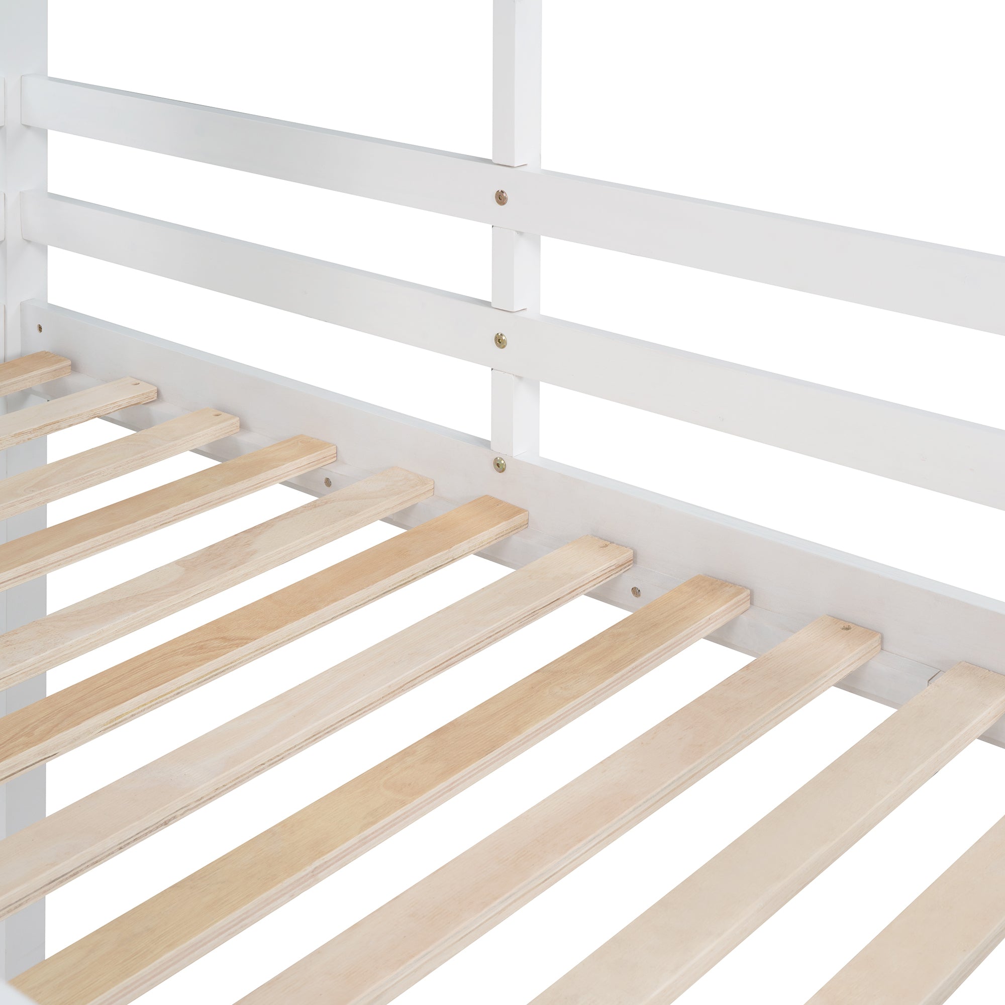 Twin Over Twin Bunk Bed with Storage Stairs,Wood Bed with Roof, Window, Guardrail, Ladder, White