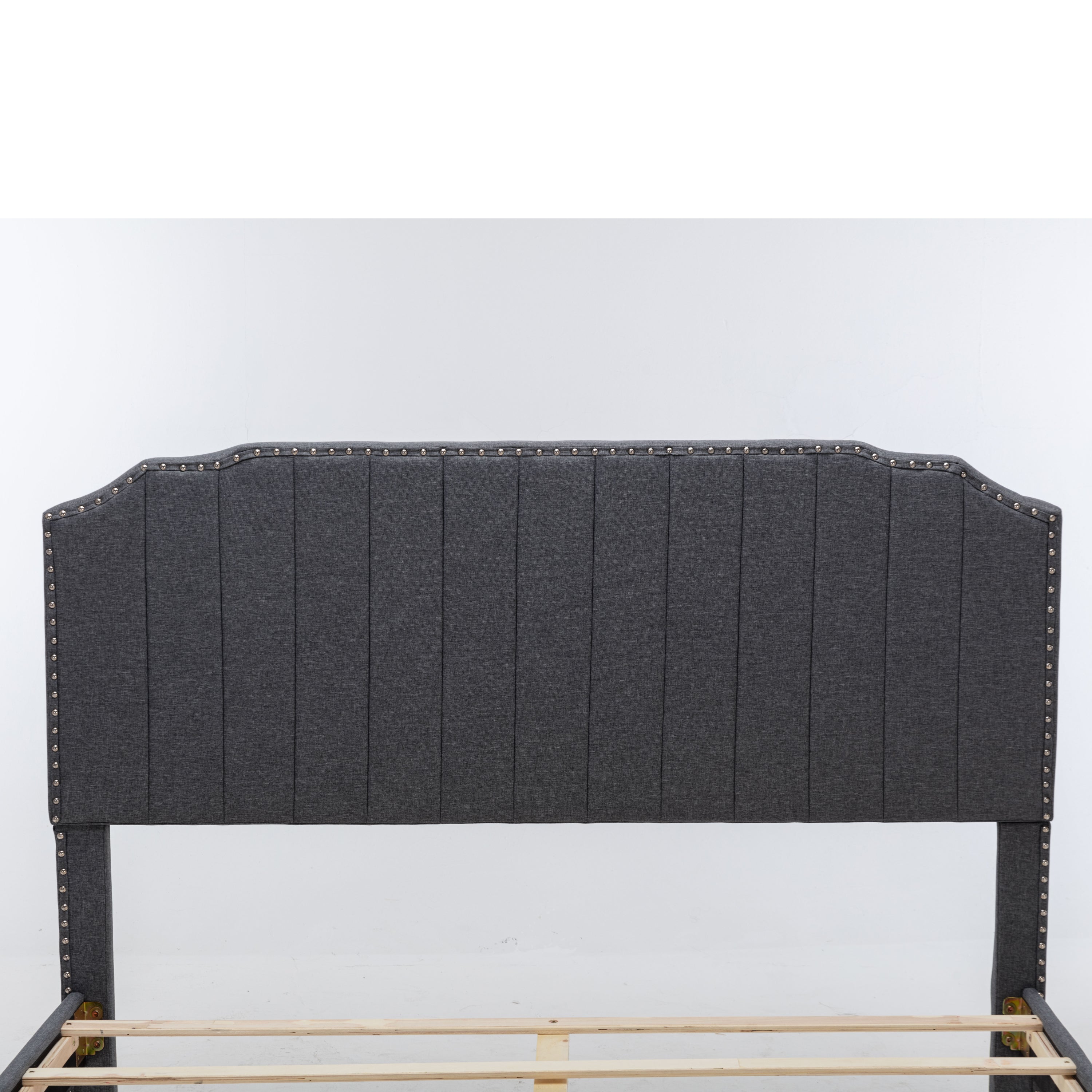 DongHeng Queen Size Bed with Headboard, Modern Linen Curved Upholstered Platform Bed , Solid Wood Frame , Nailhead Trim, Gray
