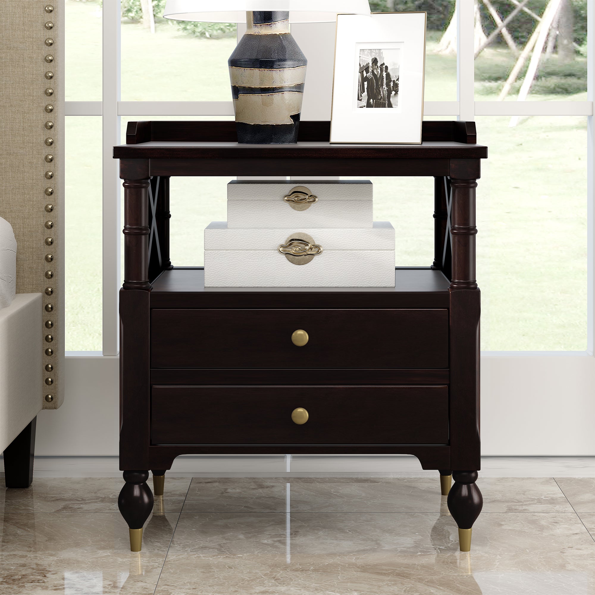 3 Pieces Bedroom Set Modern Linen Curved Upholstered Beige Platform Full Bed with Two Black Cherry Nightstands