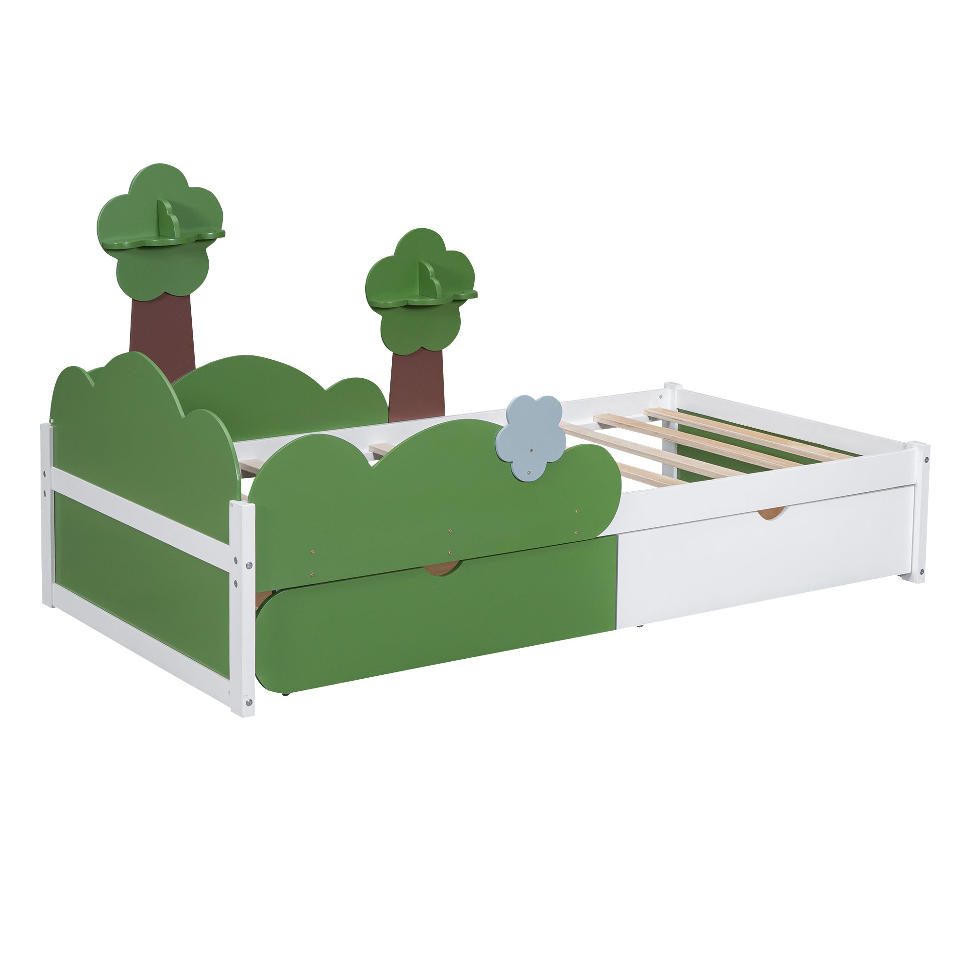 Twin Size Bed with Grass Hill and Trees Decor