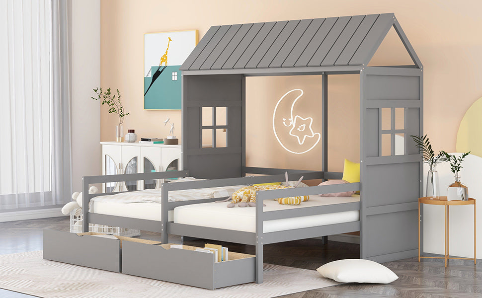 Twin Twin House Bed with 2 Drawers, Gray