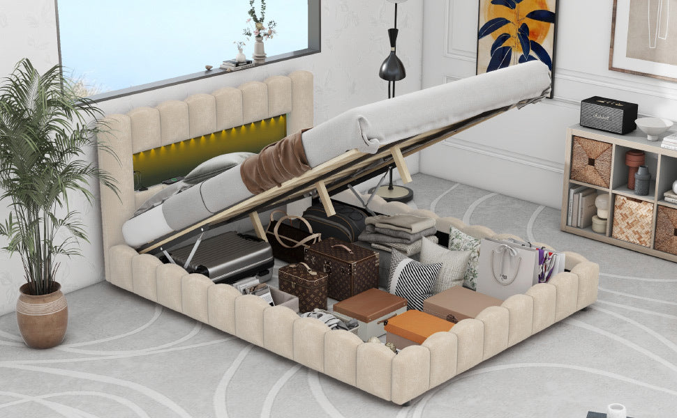 Queen Size Upholstered Platform Bed with LED Headboard and USB, Beige