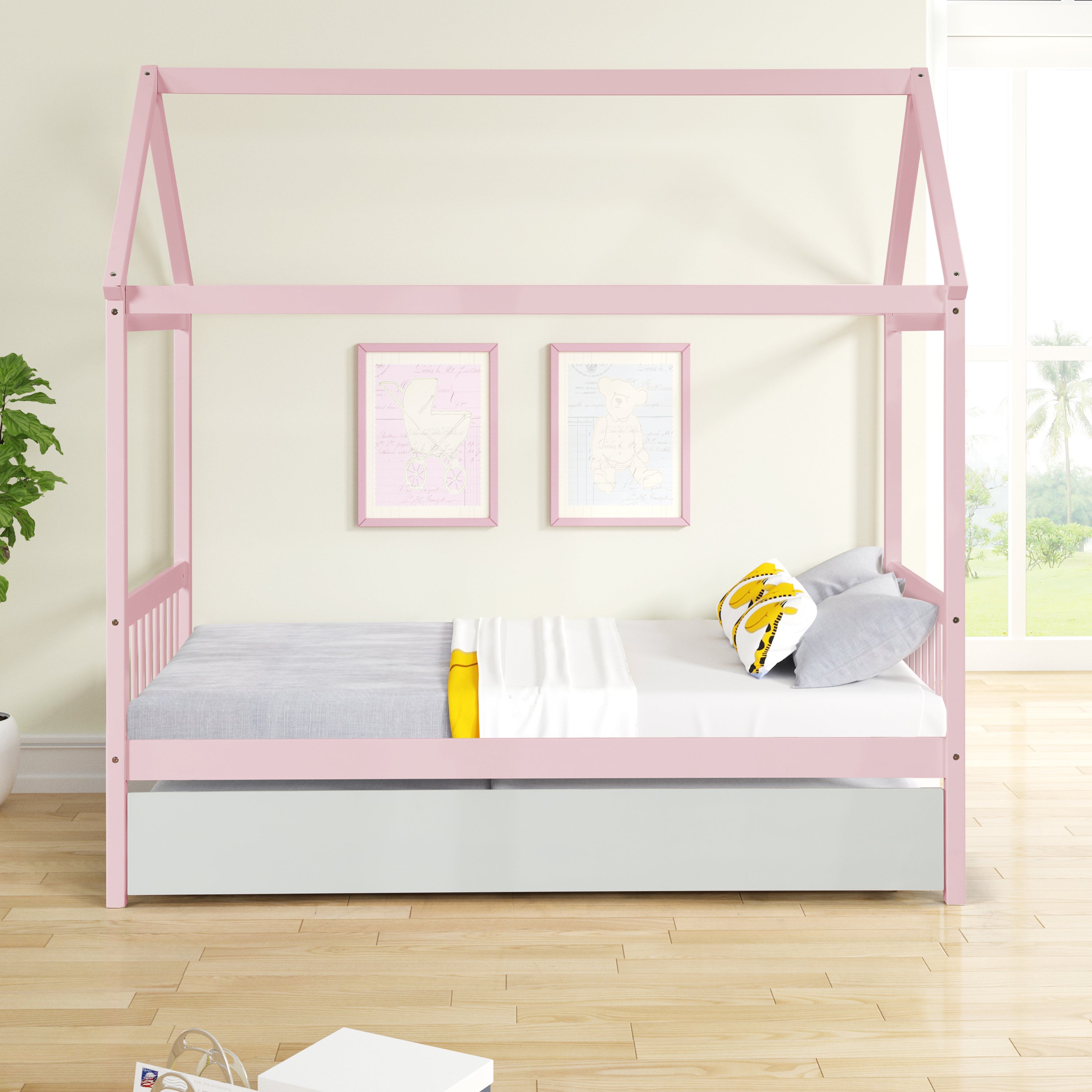 Solid Wood Twin House Bed Frame with Twin Size Trundle For Warm Pink Color, No Box Spring Needed