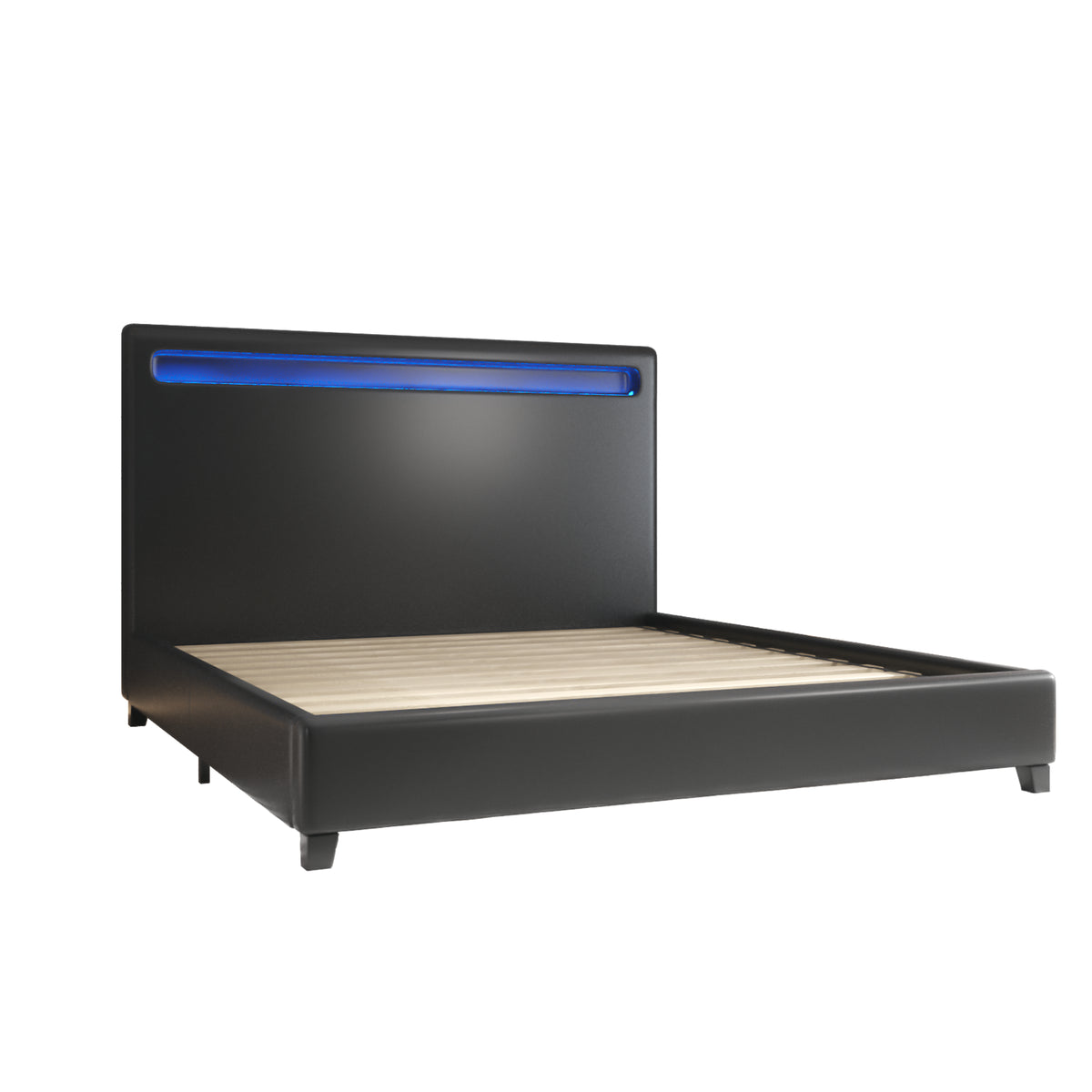 Queen Size Faux Leather Upholstered Platform Bed Frame with LED lighting, Wood Slat Support, No Box Spring Needed, Black