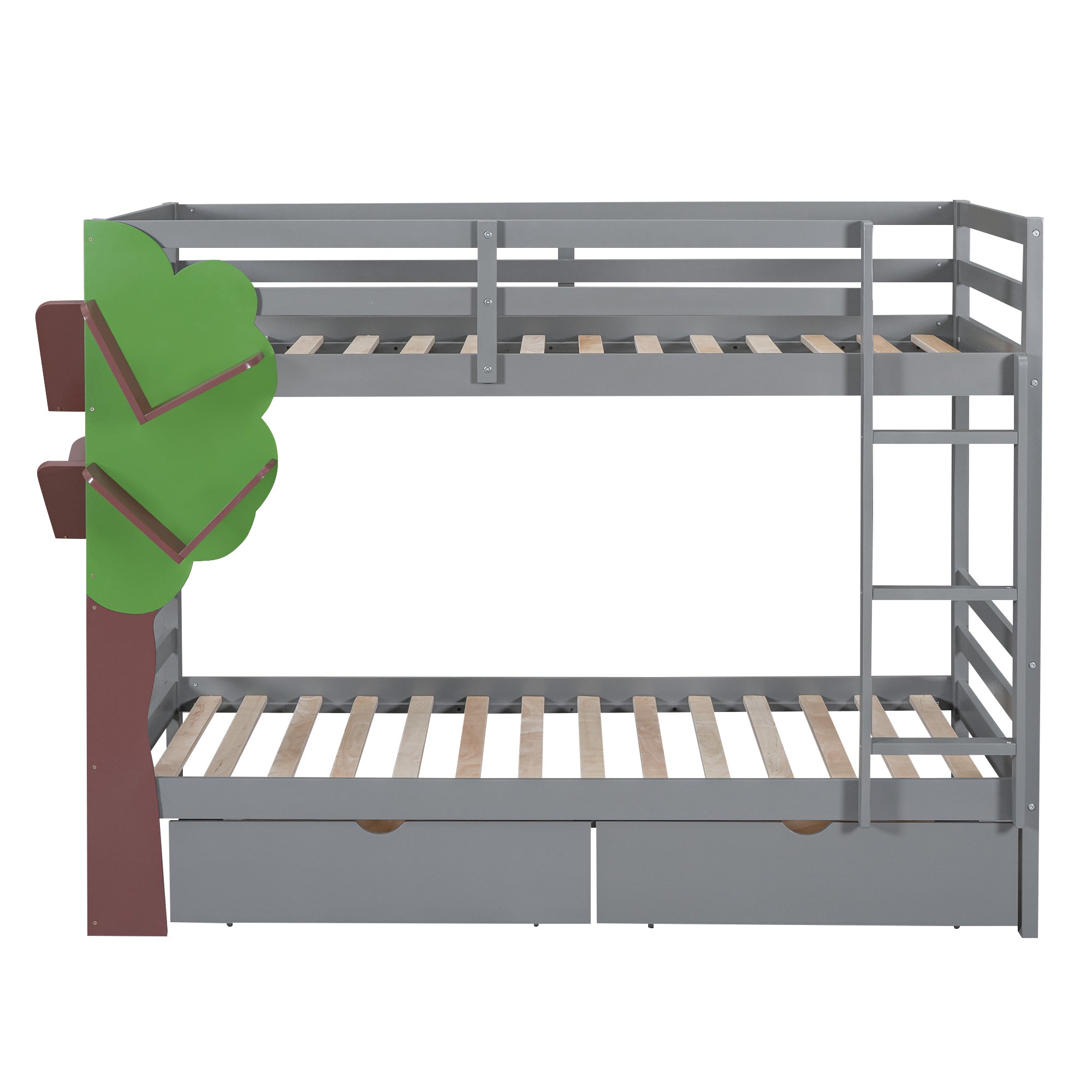 Twin-Over-Twin Bunk Bed with  a Tree Decor and Two Storage Drawers, Gray