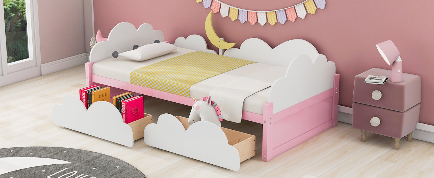 Twin Size Bed with Moon Decor, Platform Bed with 2 Drawers (White+Pink)