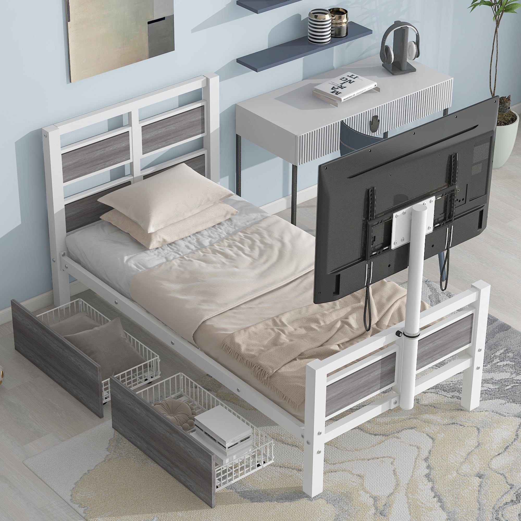 Twin Size Metal Platform Bed with MDF Headboard and Footboard,Two Storage Drawers and Rotatable TV Stand,White