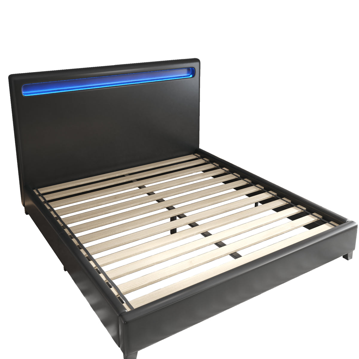 Queen Size Faux Leather Upholstered Platform Bed Frame with LED lighting, Wood Slat Support, No Box Spring Needed, Black