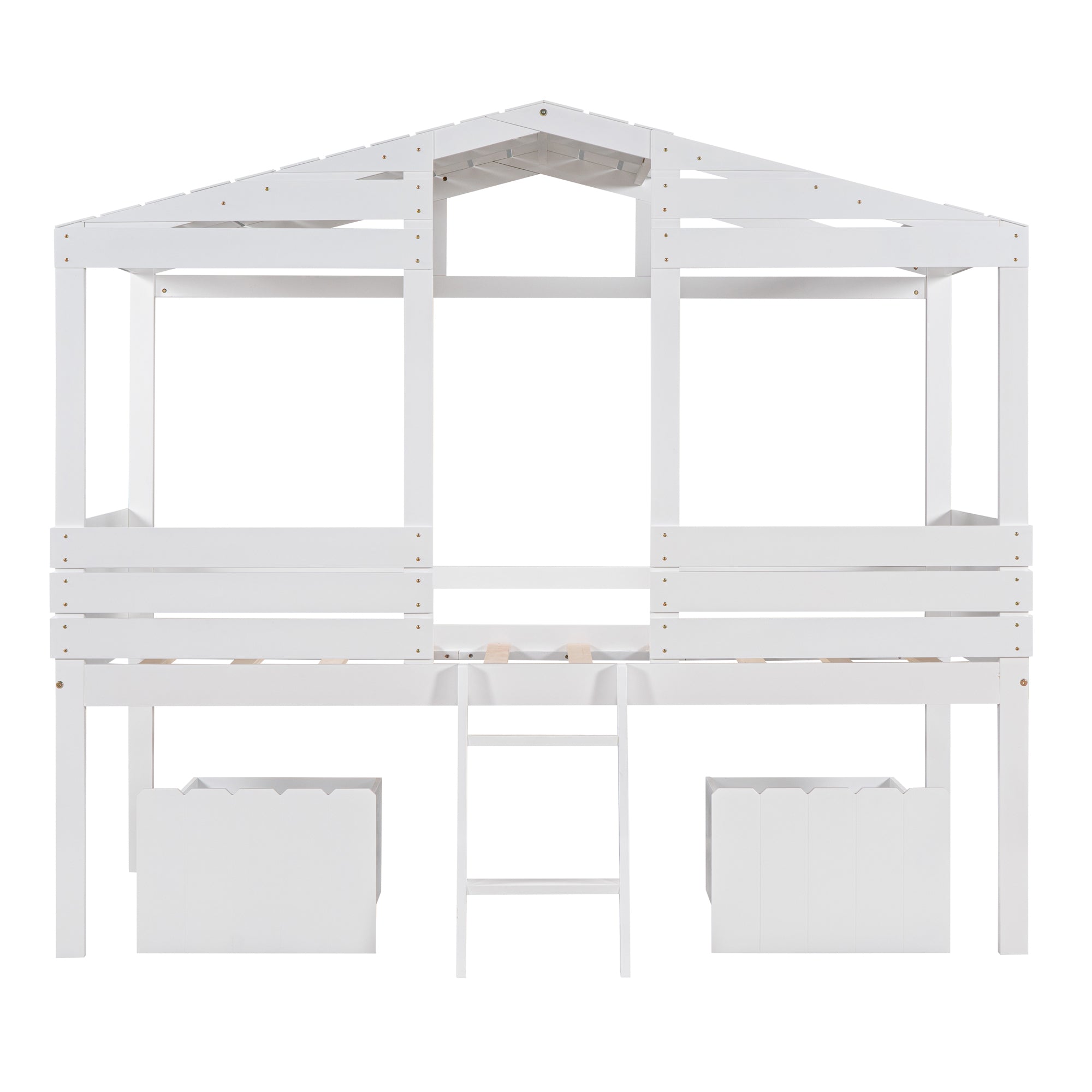 Twin Size Low Loft Wood House Bed with Two Drawers, White