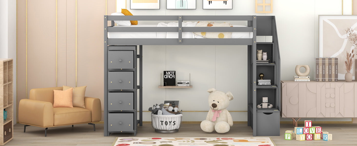 Twin size Loft Bed with Storage Drawers and Stairs, Wooden Loft Bed with Shelves - Gray