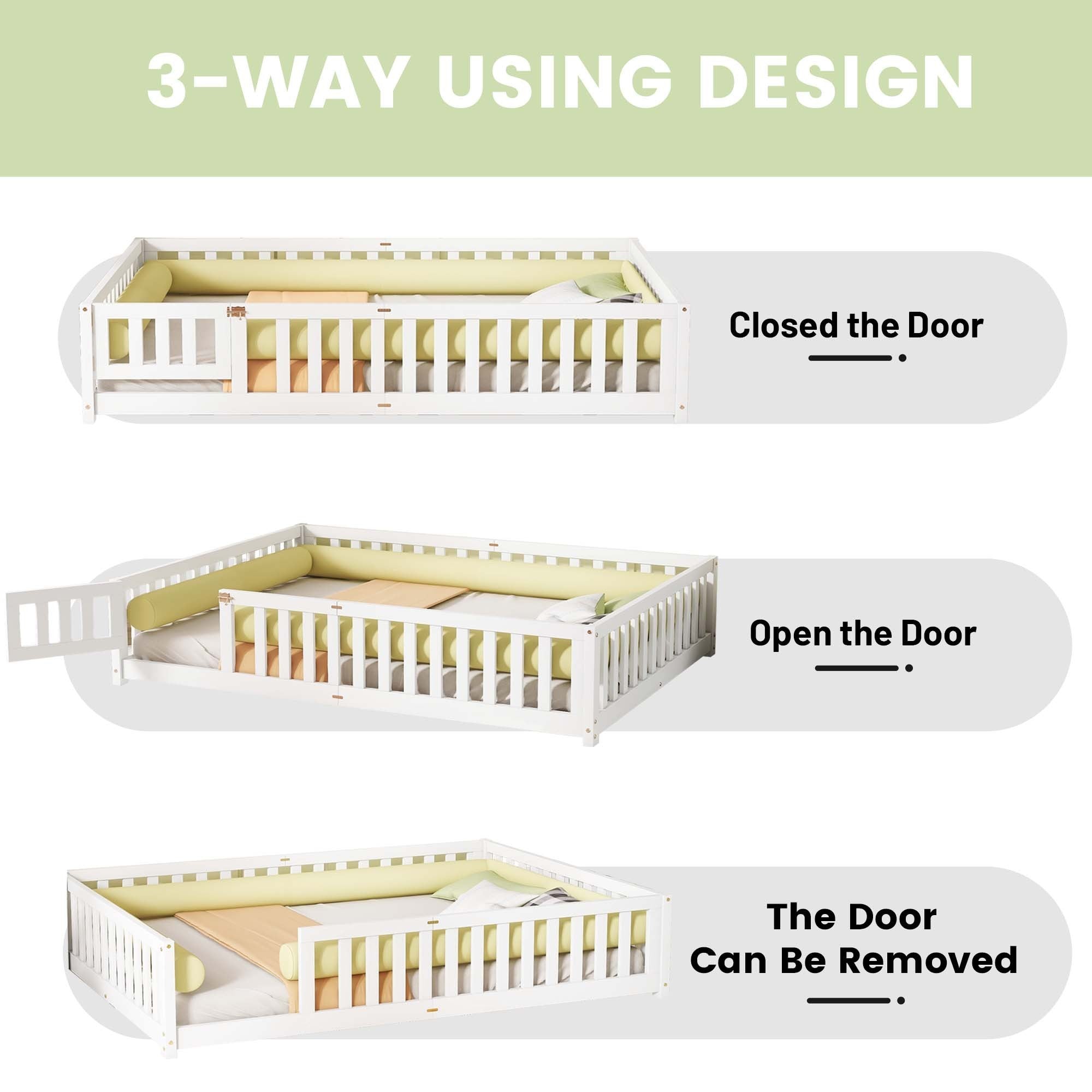 Queen Size Bed Floor Bed with Safety Guardrails and Door for Kids, White (Expect Arrival Date Nov.2nd)