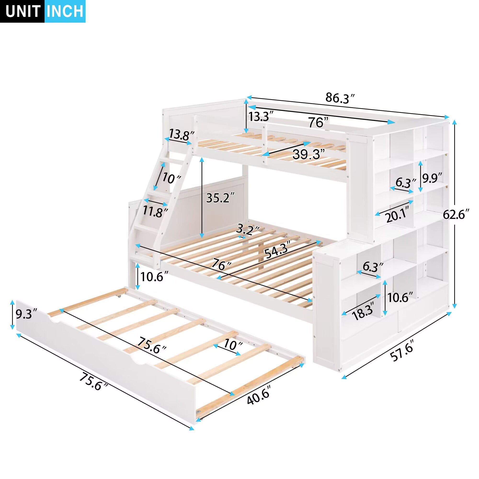 Twin over Full Bunk Bed with Trundle and Shelves, can be Separated into Three Separate Platform Beds, White