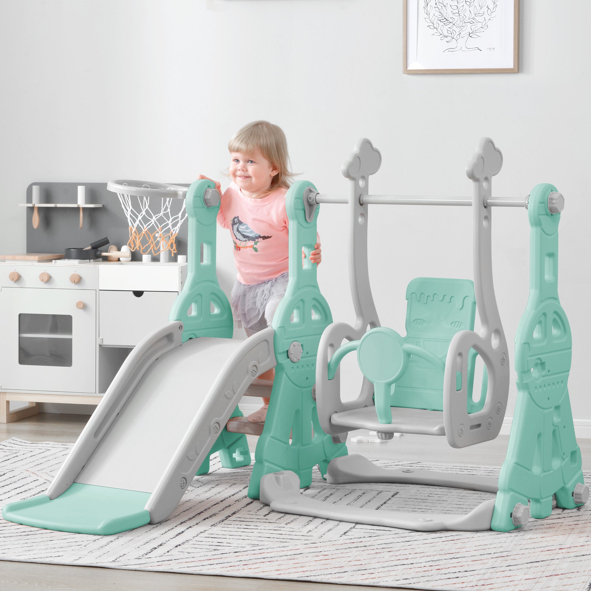 Toddler 3-in-1 Slide and Swing Set: Indoor & Outdoor Playground with Climber and Basketball Hoop