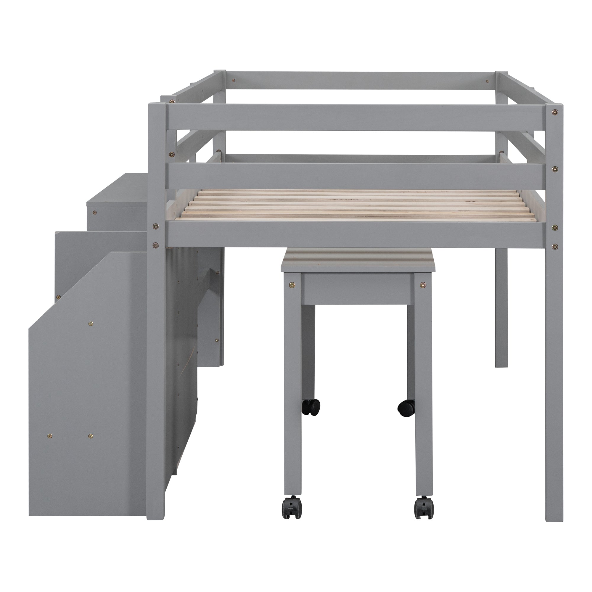 Twin Size Loft Bed with Desk and Drawers, Wooden Loft Bed with Lateral Portable Desk, Gray