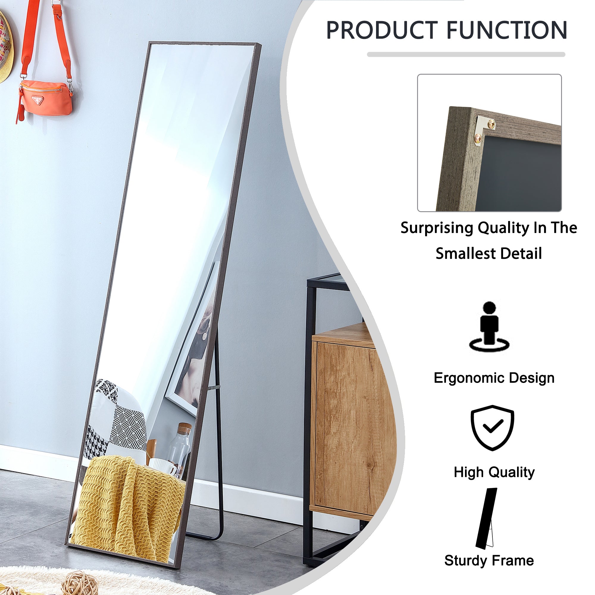 Gray Solid Wood Frame Full-length Mirror, Dressing Mirror, Bedroom Home Porch, Decorative Mirror, Clothing Store, Floor Mounted Large Mirror, Wall Mounted.60"*17"