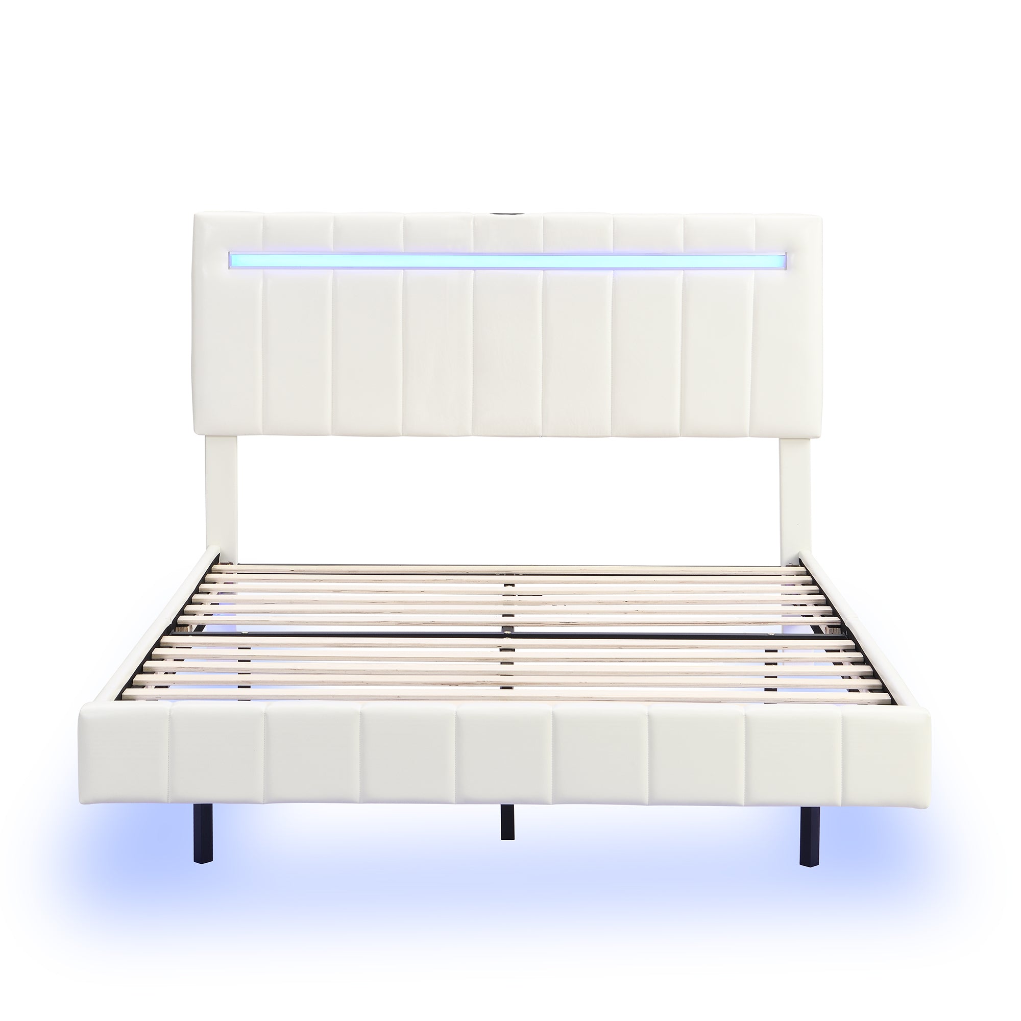 Full Size Floating Bed Frame with LED Lights and USB Charging,Modern Upholstered Platform LED Bed Frame,White(Full)