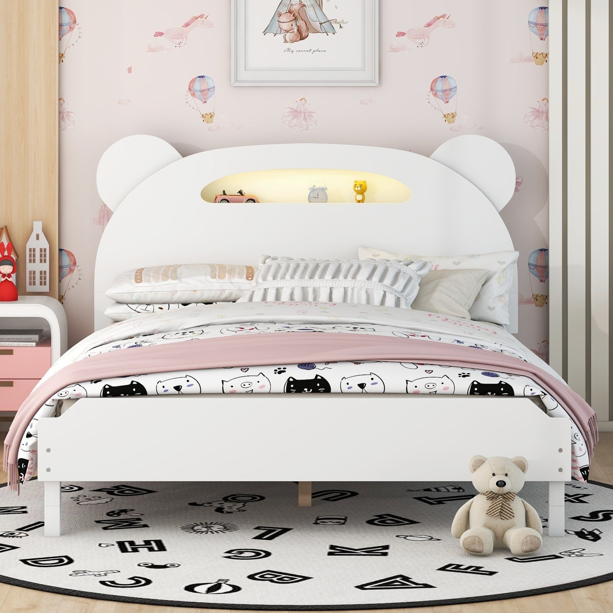 Full Size Wood Platform Bed with Bear-shaped Headboard,Bed with Motion Activated Night Lights,White