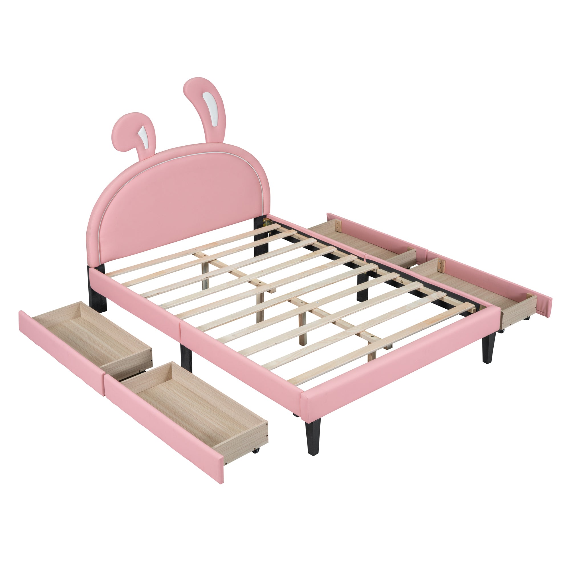 Full Size Upholstered Leather Platform Bed with Rabbit Ornament and 4 Drawers, Pink