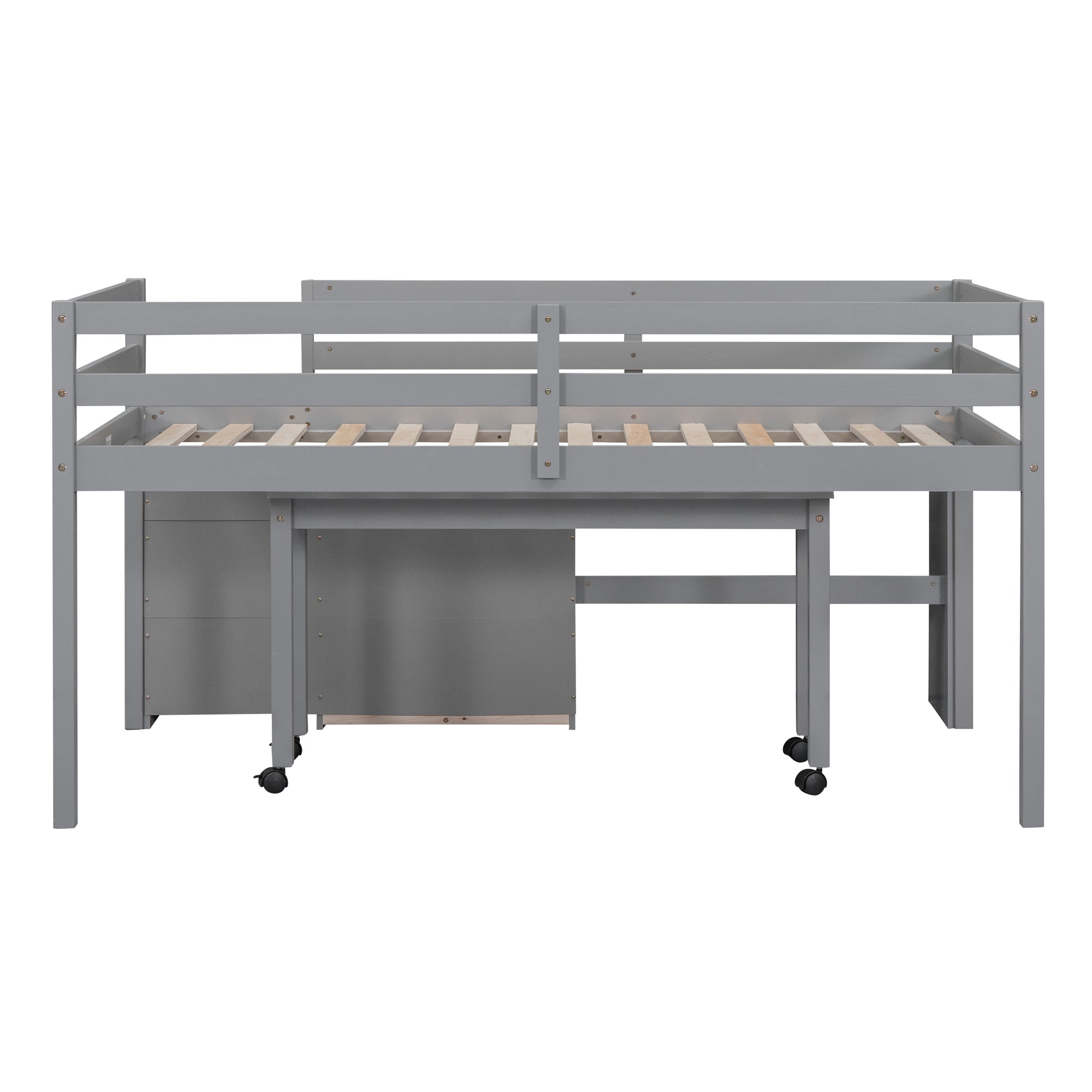 Twin Size Loft Bed with Desk and Drawers, Wooden Loft Bed with Lateral Portable Desk, Gray