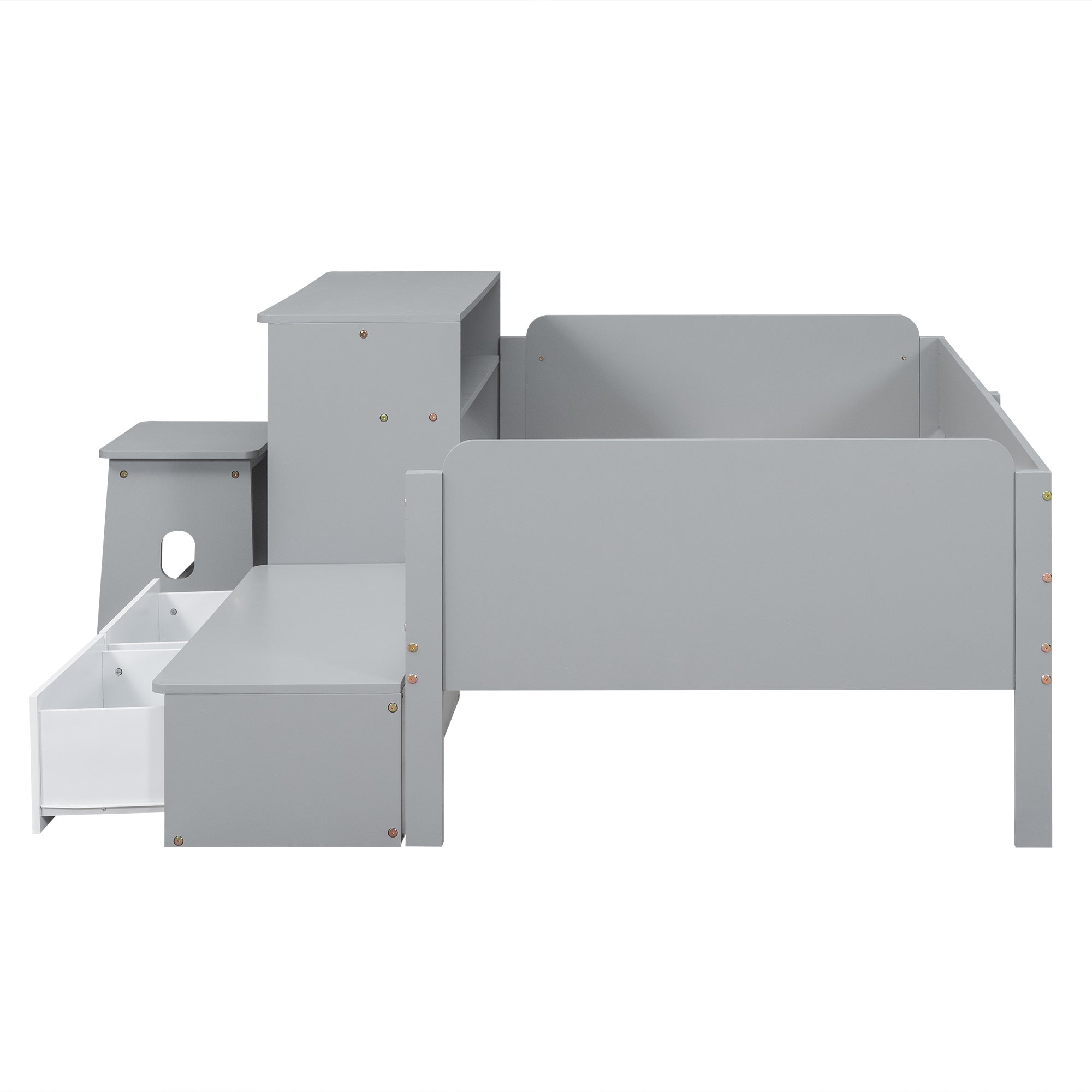 Wood Twin Size Platform Bed with 2 Drawers and 1 Chair&Desk Set, Gray+White(Expected Arrival Time: 11.22)