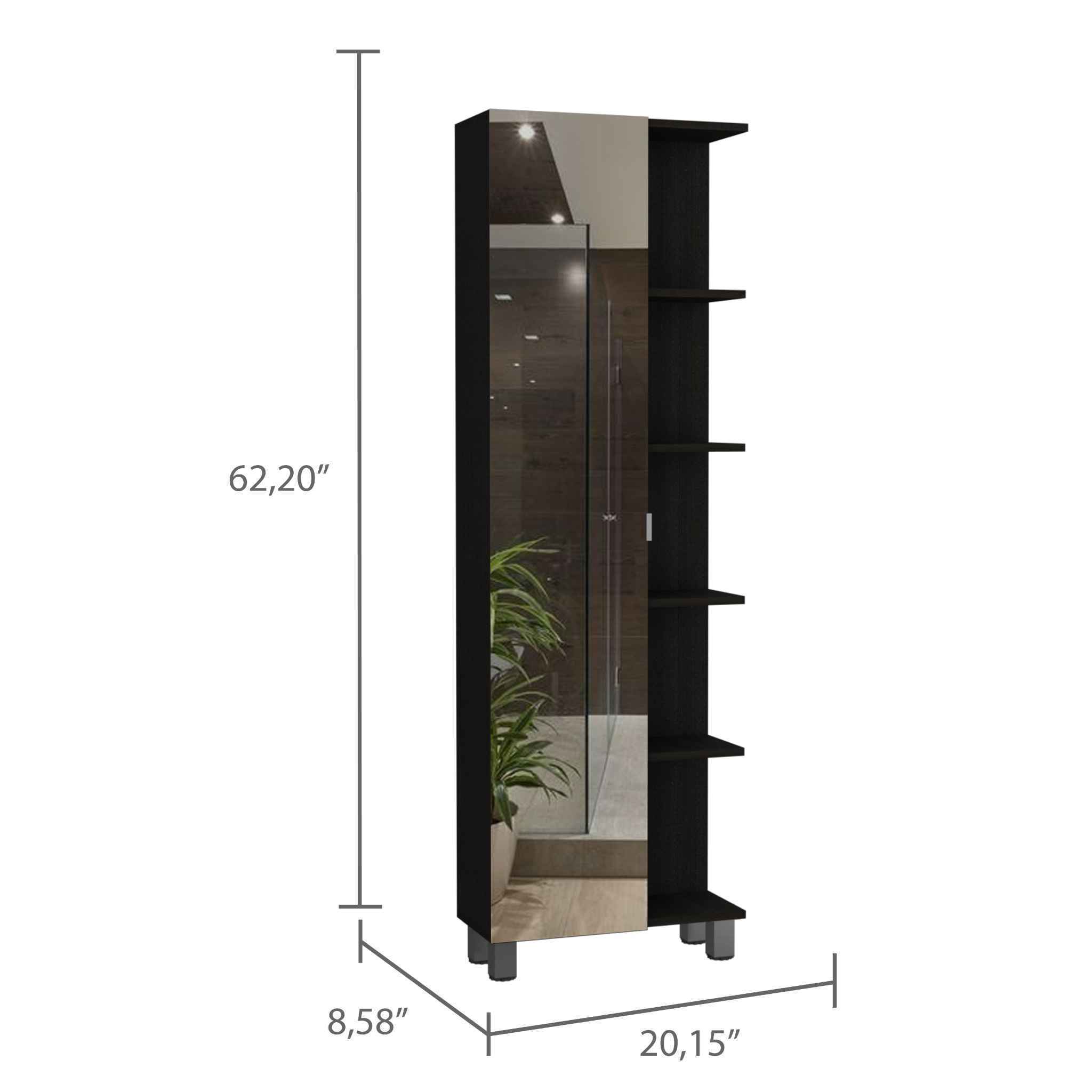 Portland 5-Shelf Linen Cabinet with Mirror Black Wengue