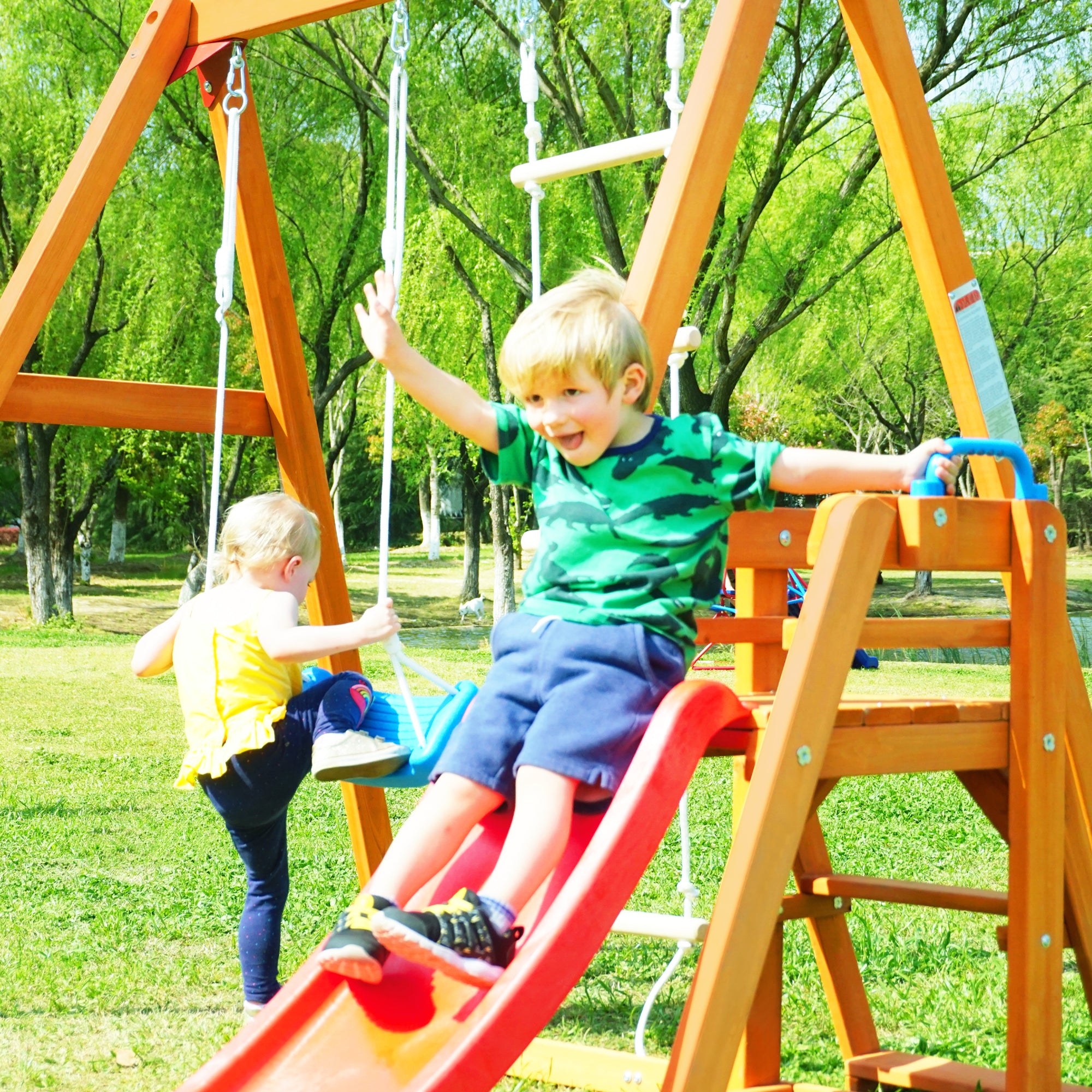 Wooden Swing-N-Slide Set: Ideal for Backyard Fun with Slide, Swings, and Climber. Toddler-Friendly and Easy to Assemble