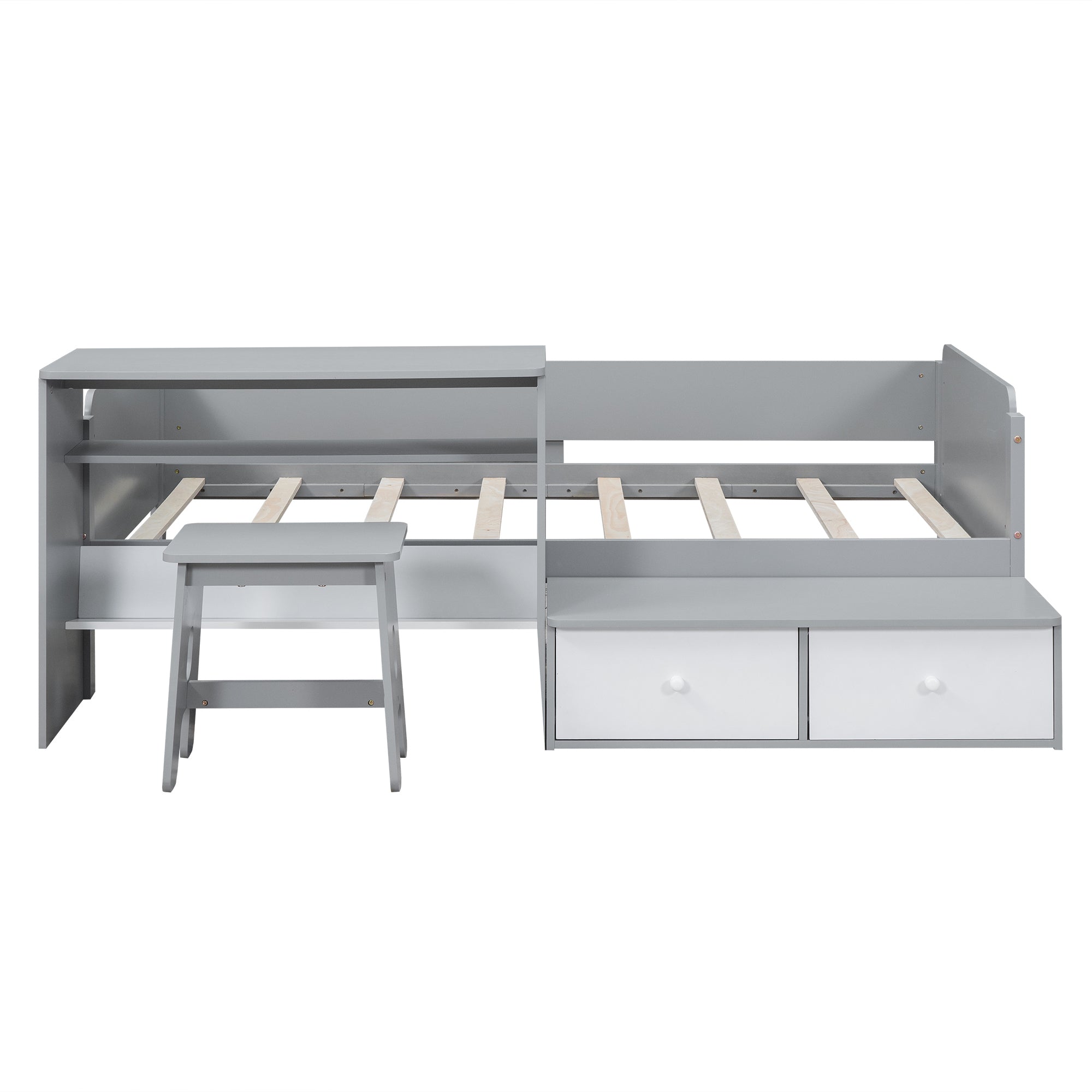Wood Twin Size Platform Bed with 2 Drawers and 1 Chair&Desk Set, Gray+White(Expected Arrival Time: 11.22)