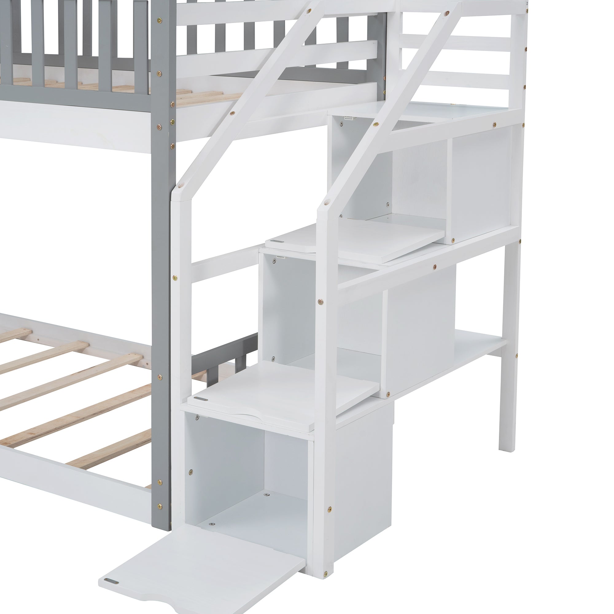 Stairway Twin-Over-Twin Bunk Bed,House Bed,Storage and Guard Rail,Gray Bed +White Stair